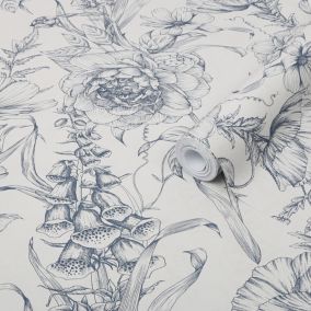 GoodHome Carnanton Navy Metallic effect Floral Smooth Wallpaper