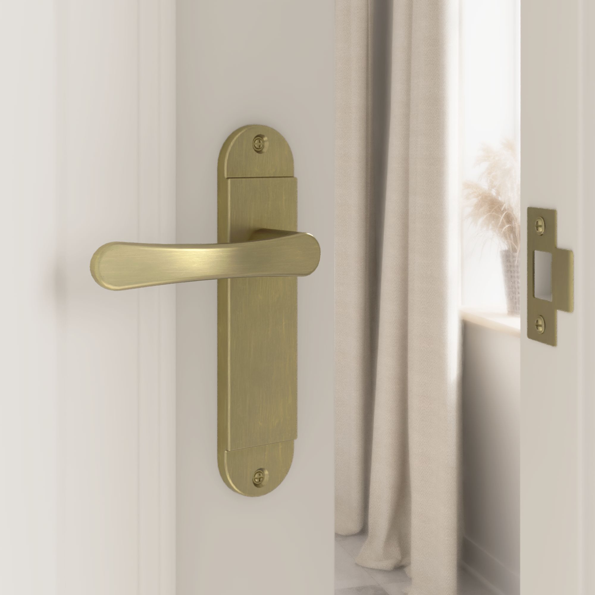 GoodHome Caspe Brushed Antique brass effect Curved Latch Door handle (L)112mm (D)46.3mm Pair