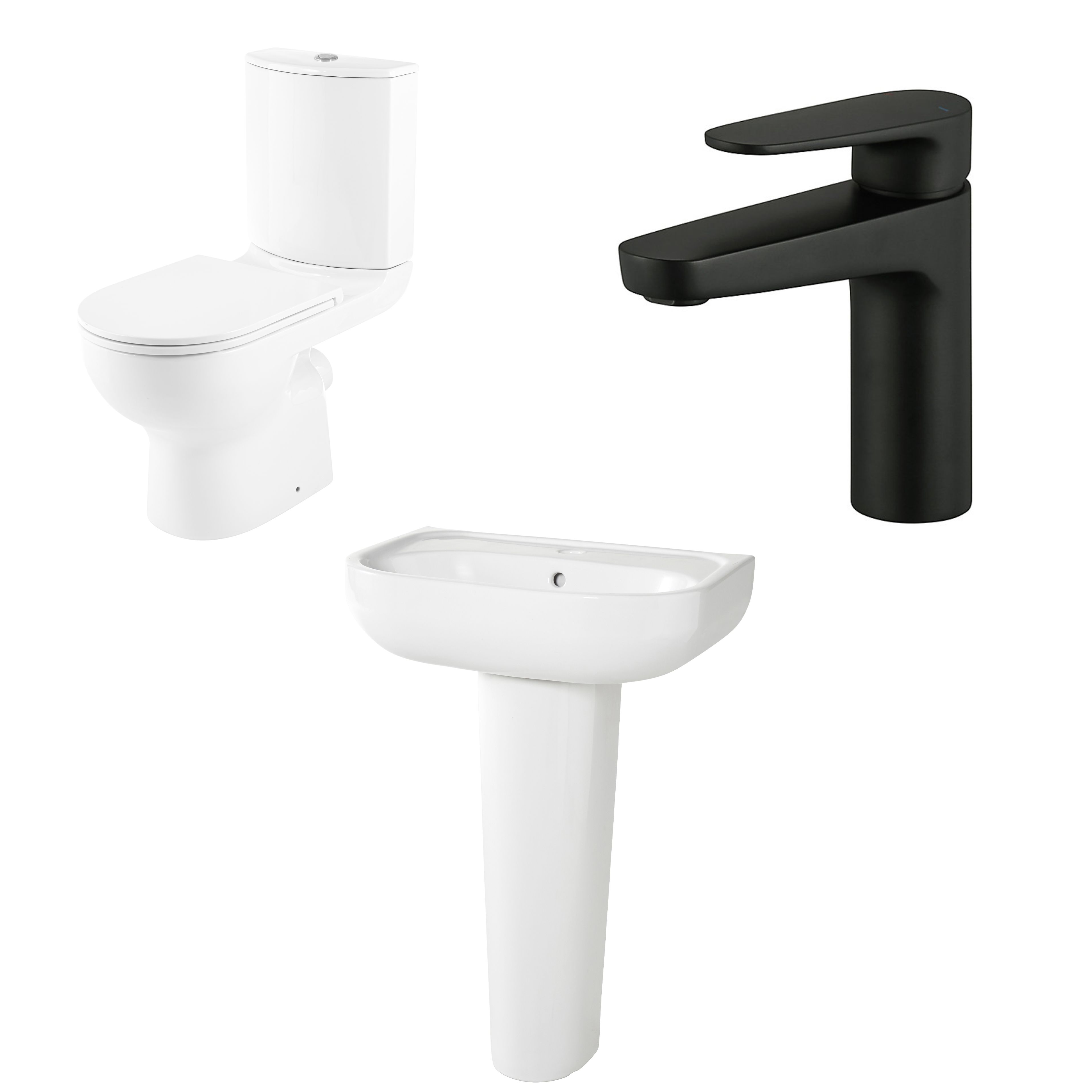 GoodHome Cavally en suite Close-coupled Floor-mounted Round Toilet & full pedestal basin With tap & (Black) (W)370mm (H)830mm