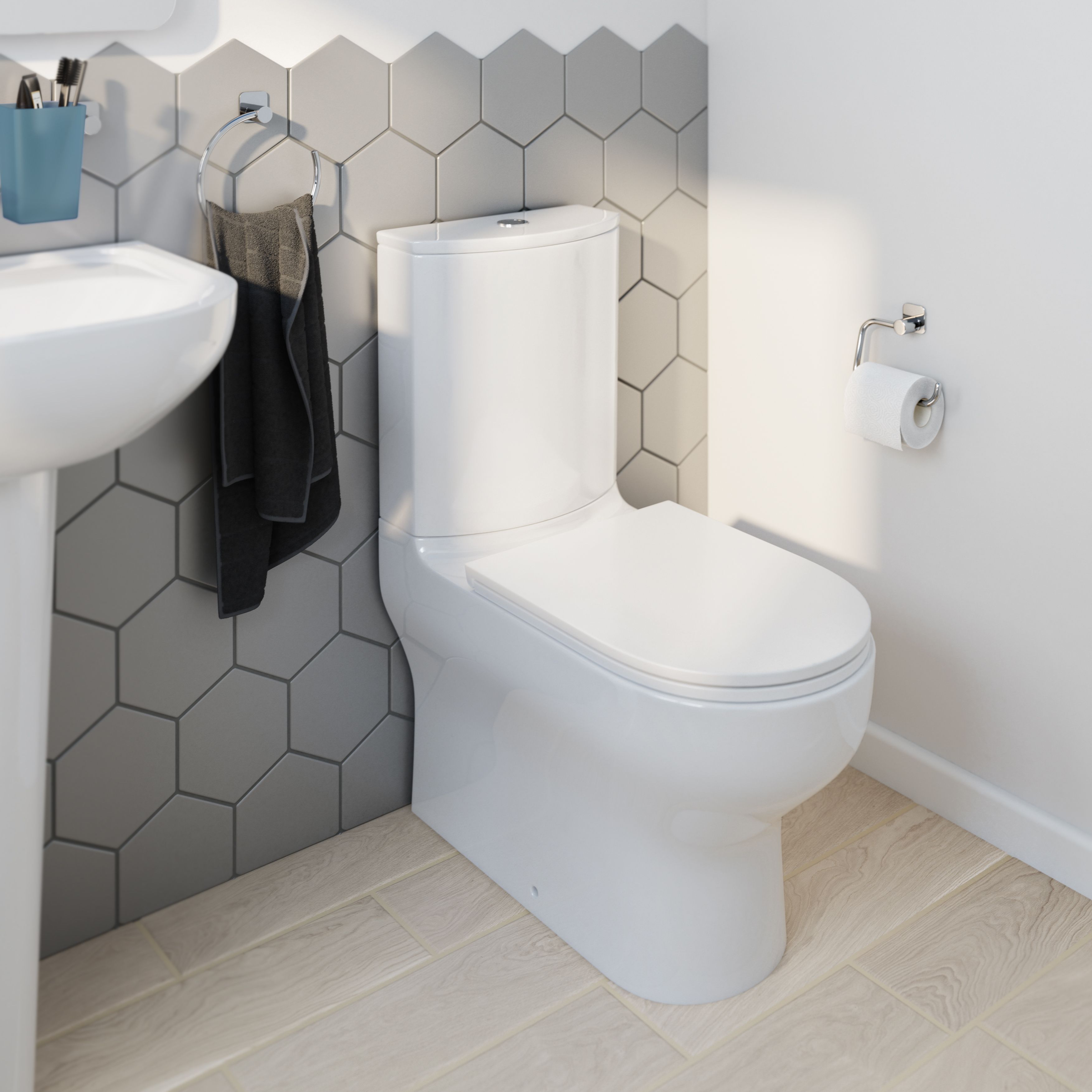 GoodHome Cavally White Closed back close-coupled Floor-mounted Toilet & full pedestal basin (W)370mm (H)830mm