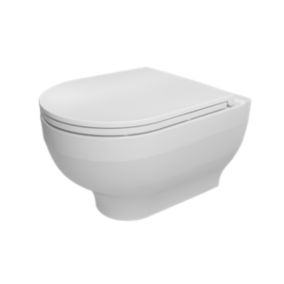GoodHome Cavally White Rimless Wall hung Round Toilet pan with Soft close seat