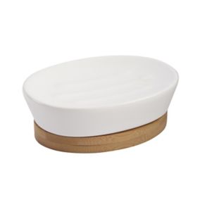 GoodHome Cervia White Gloss Bamboo & ceramic Soap dish (W)140mm