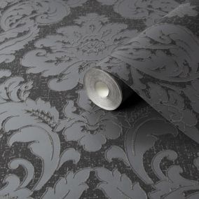 GoodHome Chalfont Charcoal Damask Glitter effect Textured Wallpaper