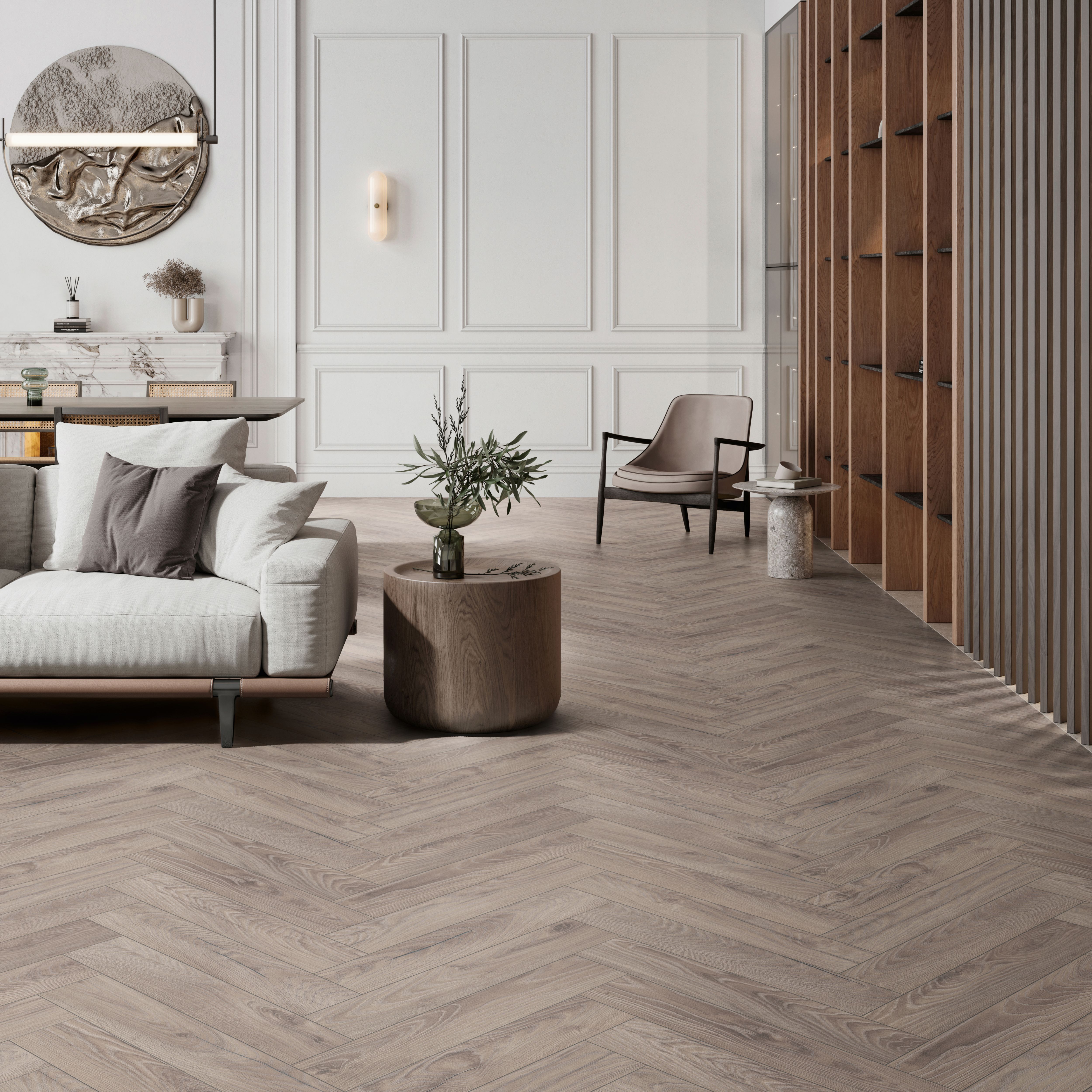 GoodHome Chesterfield Grey Natural Oak effect Synchronic Herringbone Laminate Flooring, 0.87m²