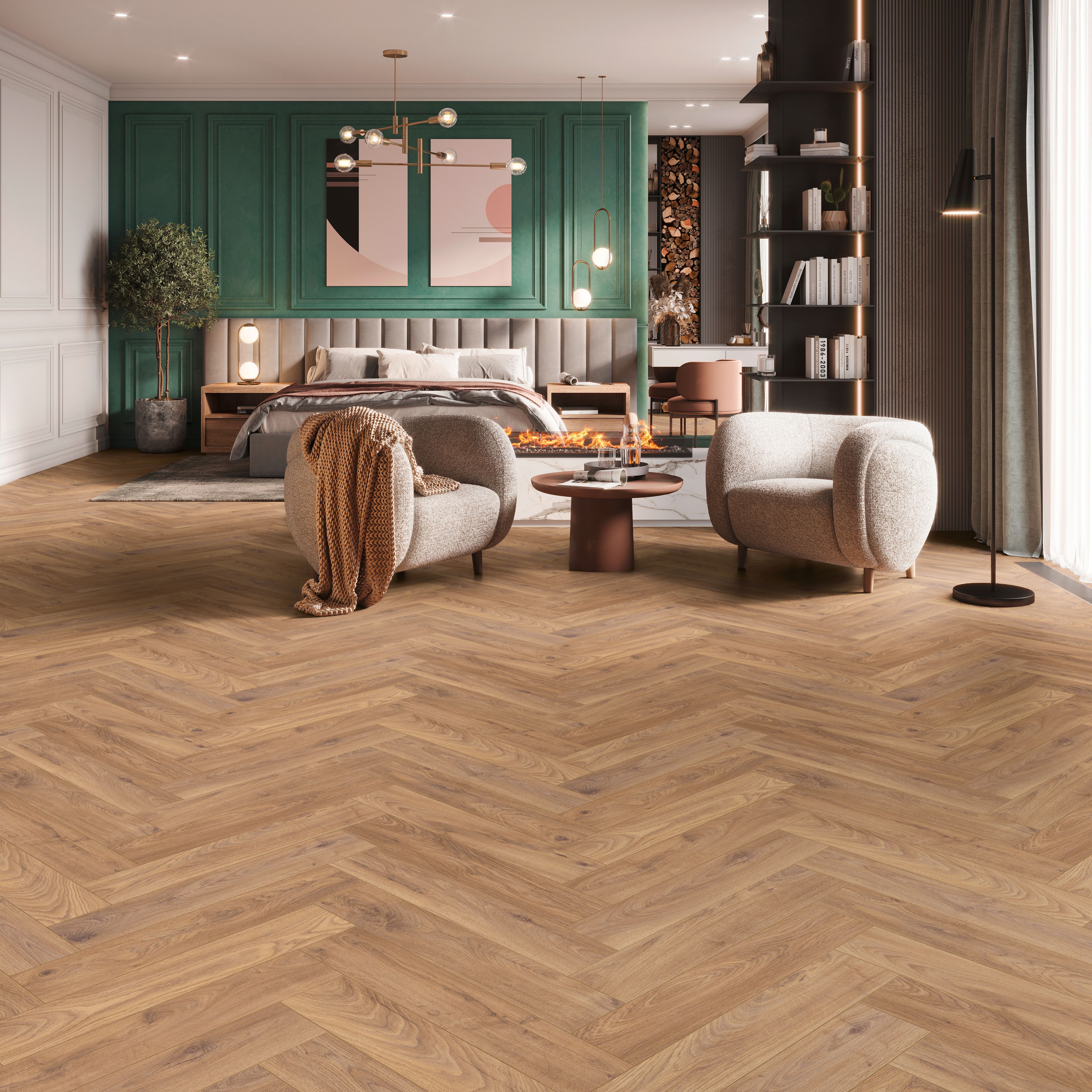 Chesterfield oak effect Synchronic Herringbone Laminate Flooring 0.87m²