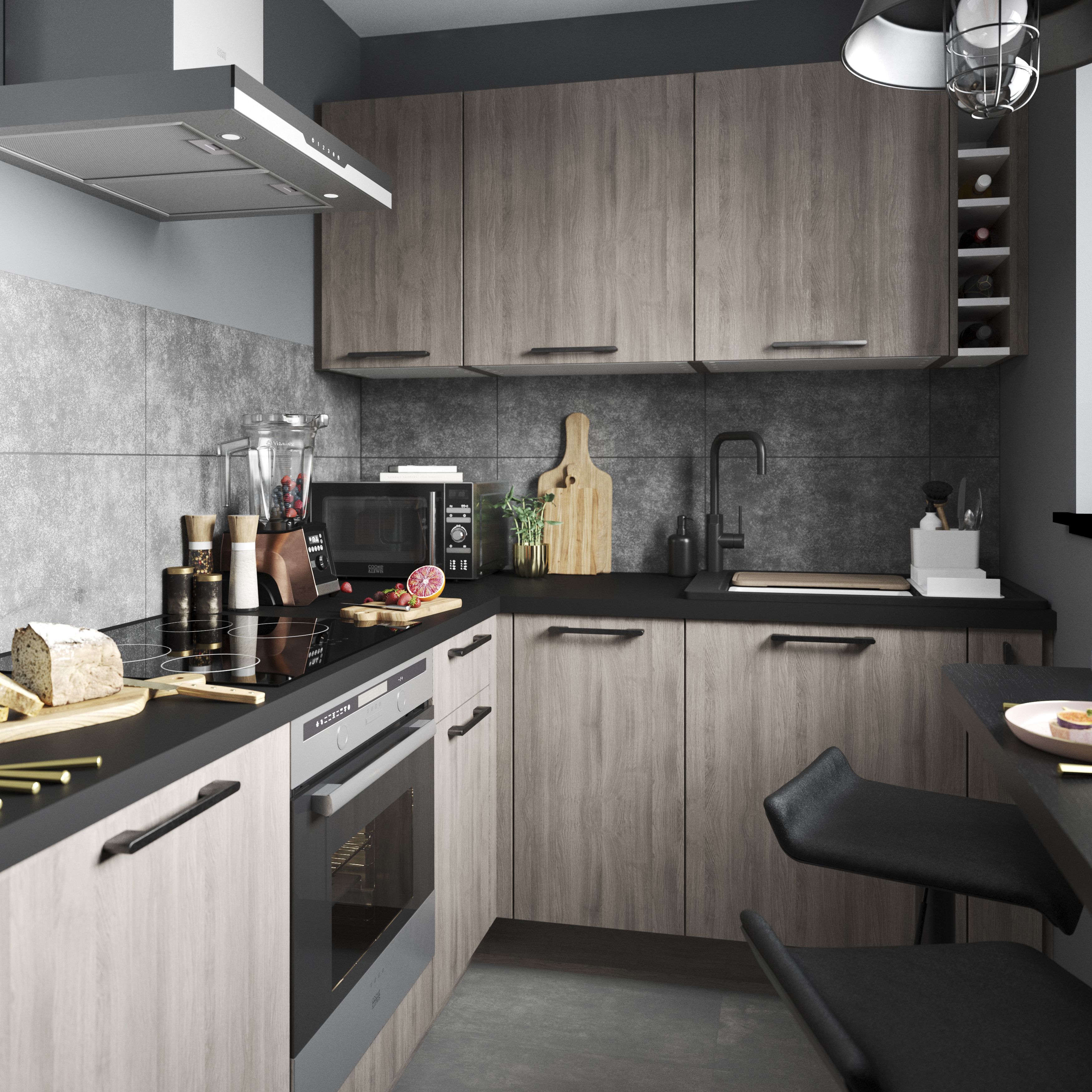 GoodHome Chia Grey oak effect slab Standard End support panel (H)870mm (W)590mm