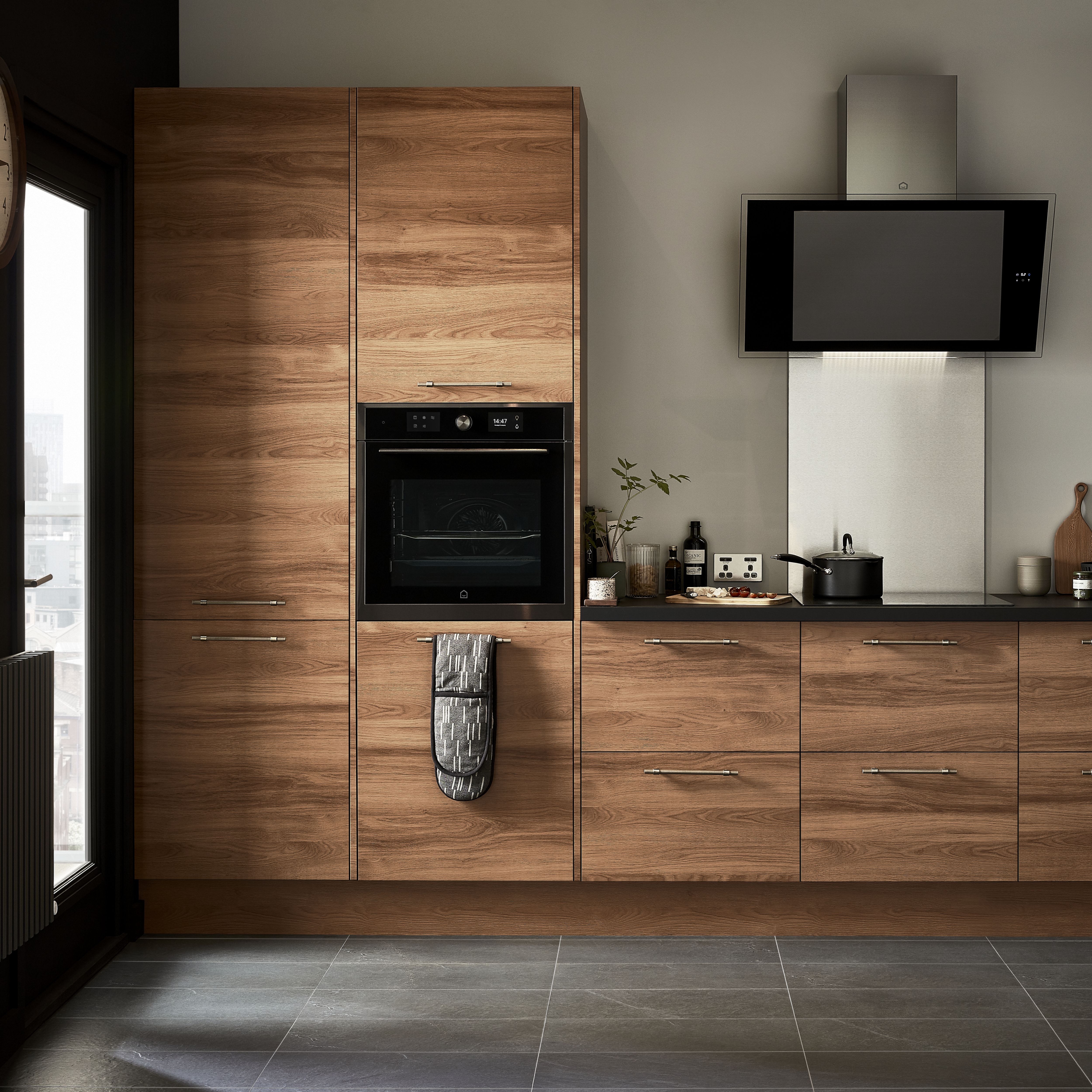 GoodHome Chia Horizontal woodgrain effect slab Tall End panel (H)2190mm (W)570mm, Pair