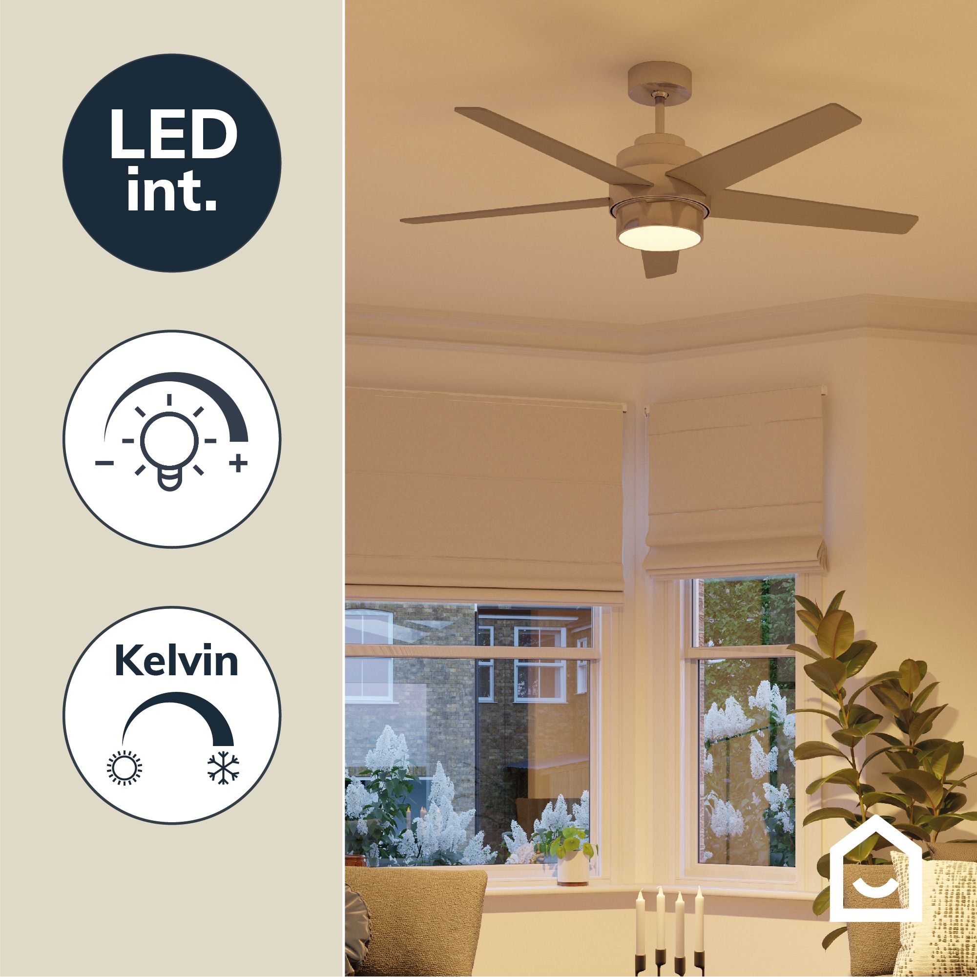 GoodHome Chomsky Modern Brushed Chrome effect LED Ceiling fan light