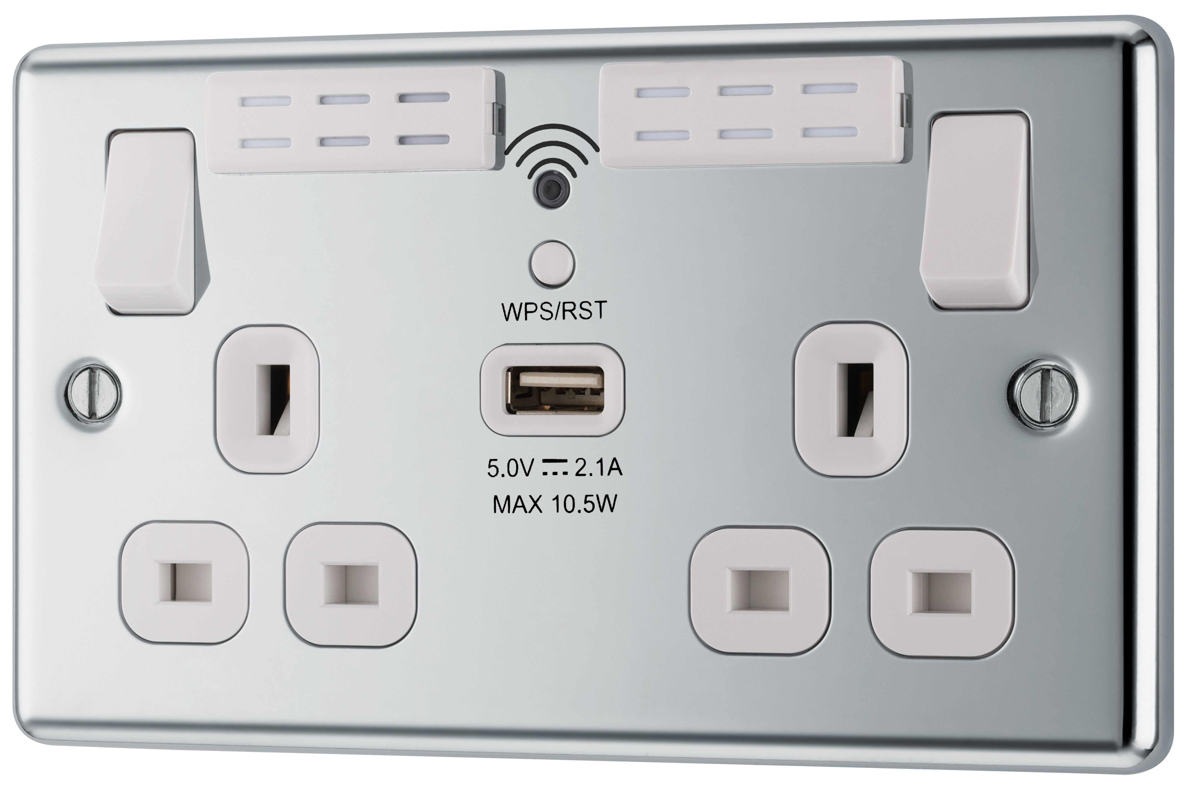 GoodHome Chrome 13A Raised rounded Switched Double WiFi extender socket