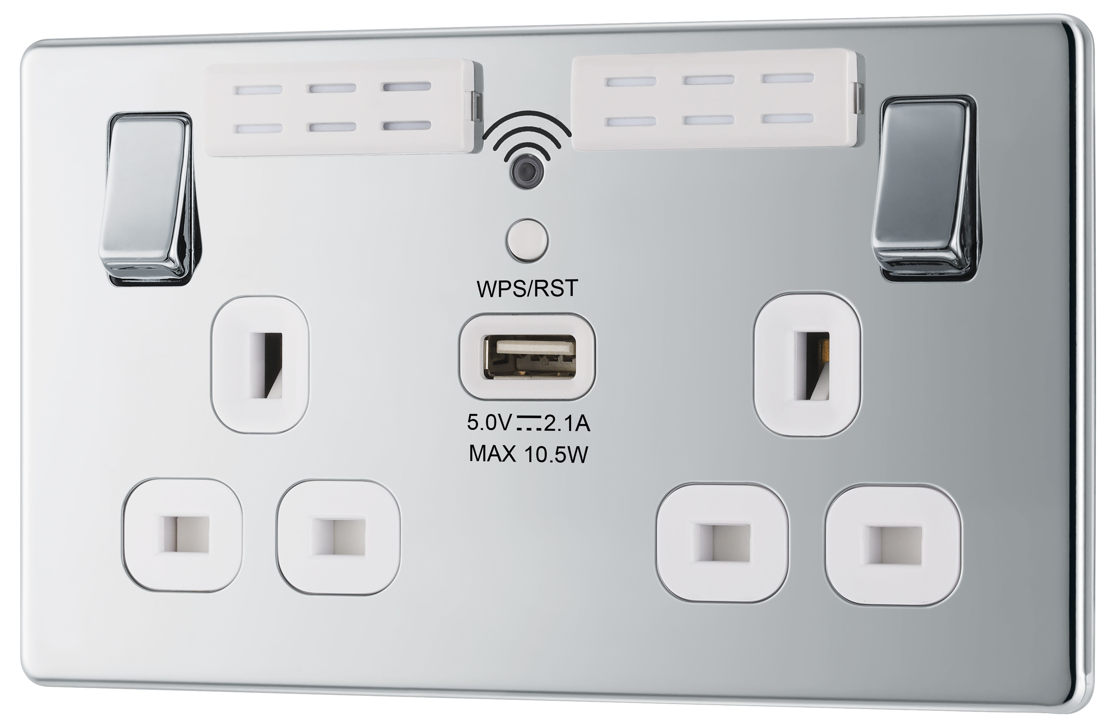 GoodHome Chrome 13A Switched Double Screwless WiFi extender socket with USB