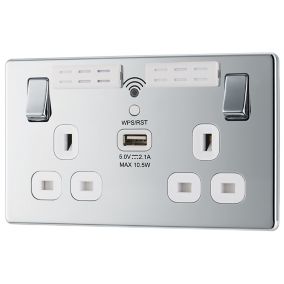 GoodHome Chrome 13A Switched Double Screwless WiFi extender socket with USB