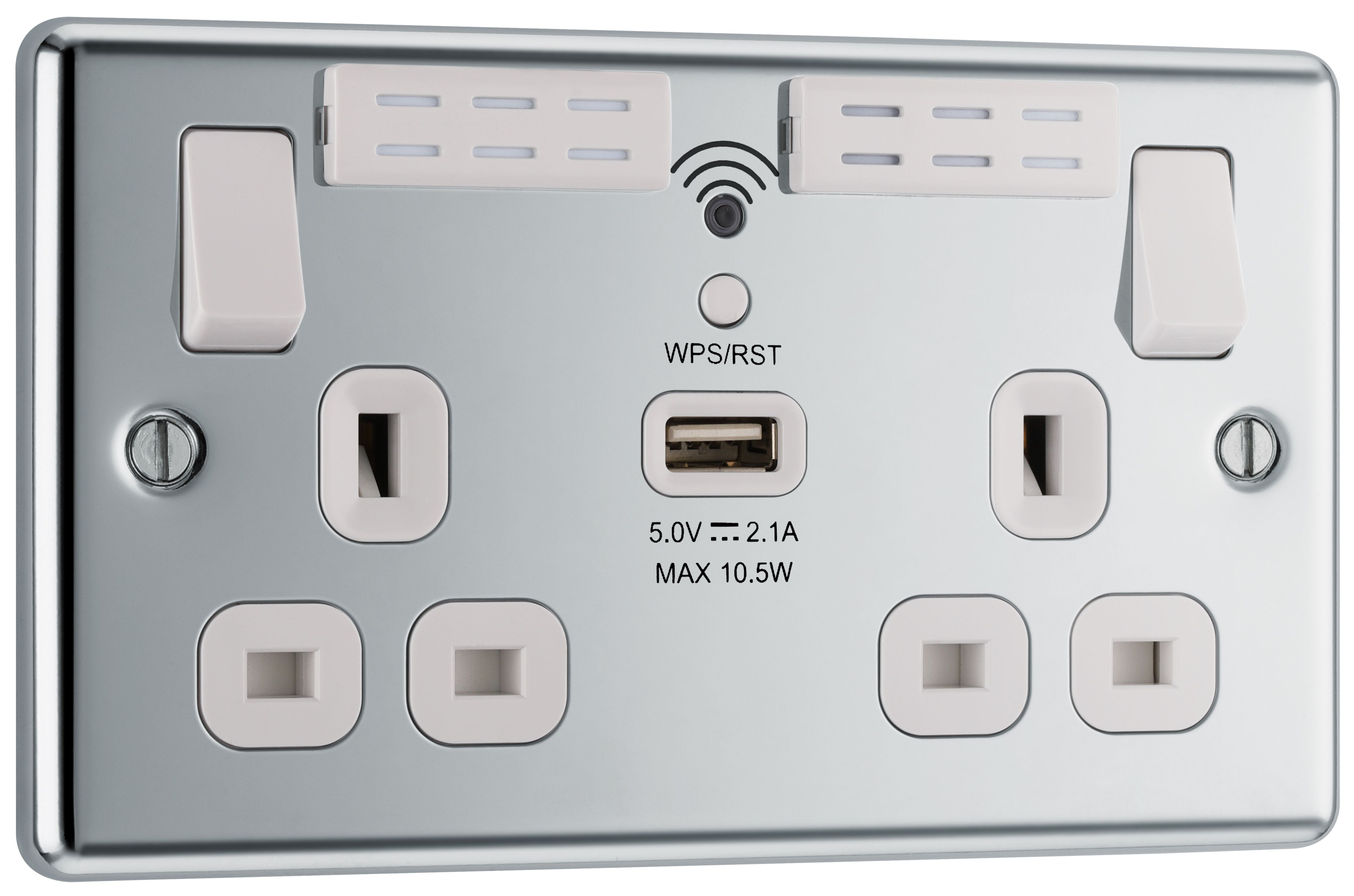 GoodHome Chrome 13A Switched Double WiFi extender socket with USB