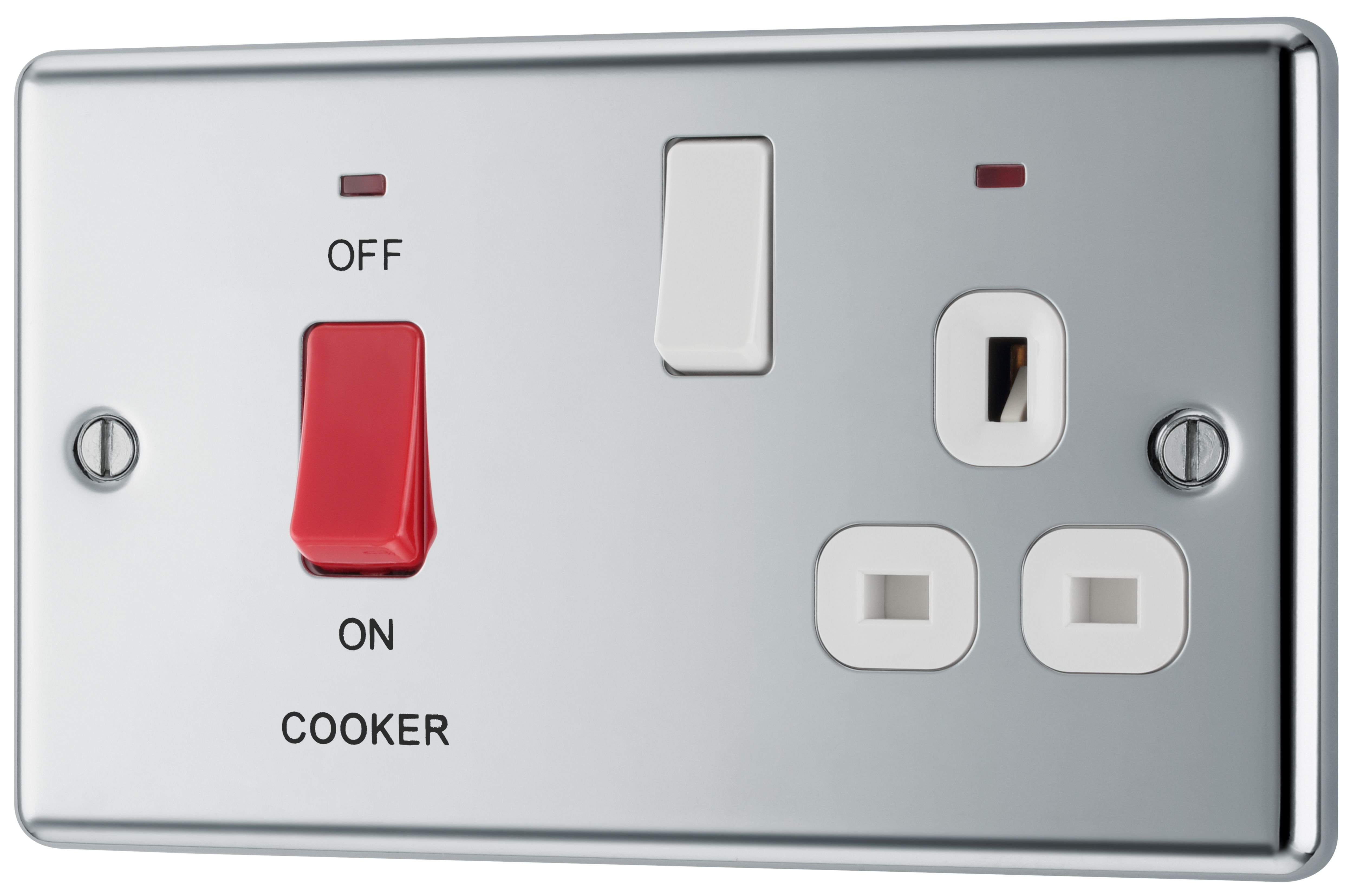 GoodHome Chrome Cooker switch & socket with neon & White inserts DIY at B&Q