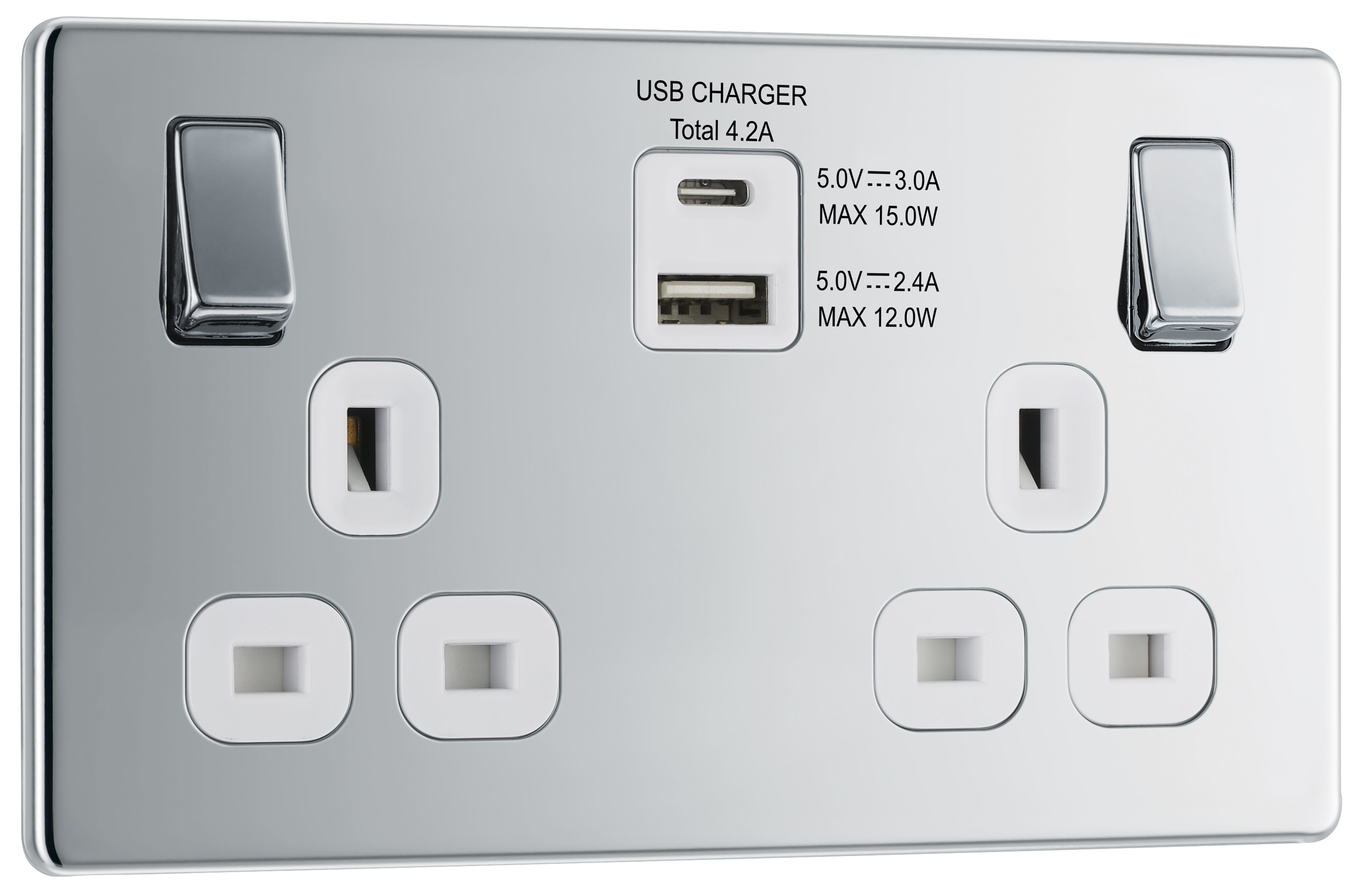 GoodHome Chrome Double 13A Flat Switched Screwless Socket with USB, x2 & White inserts
