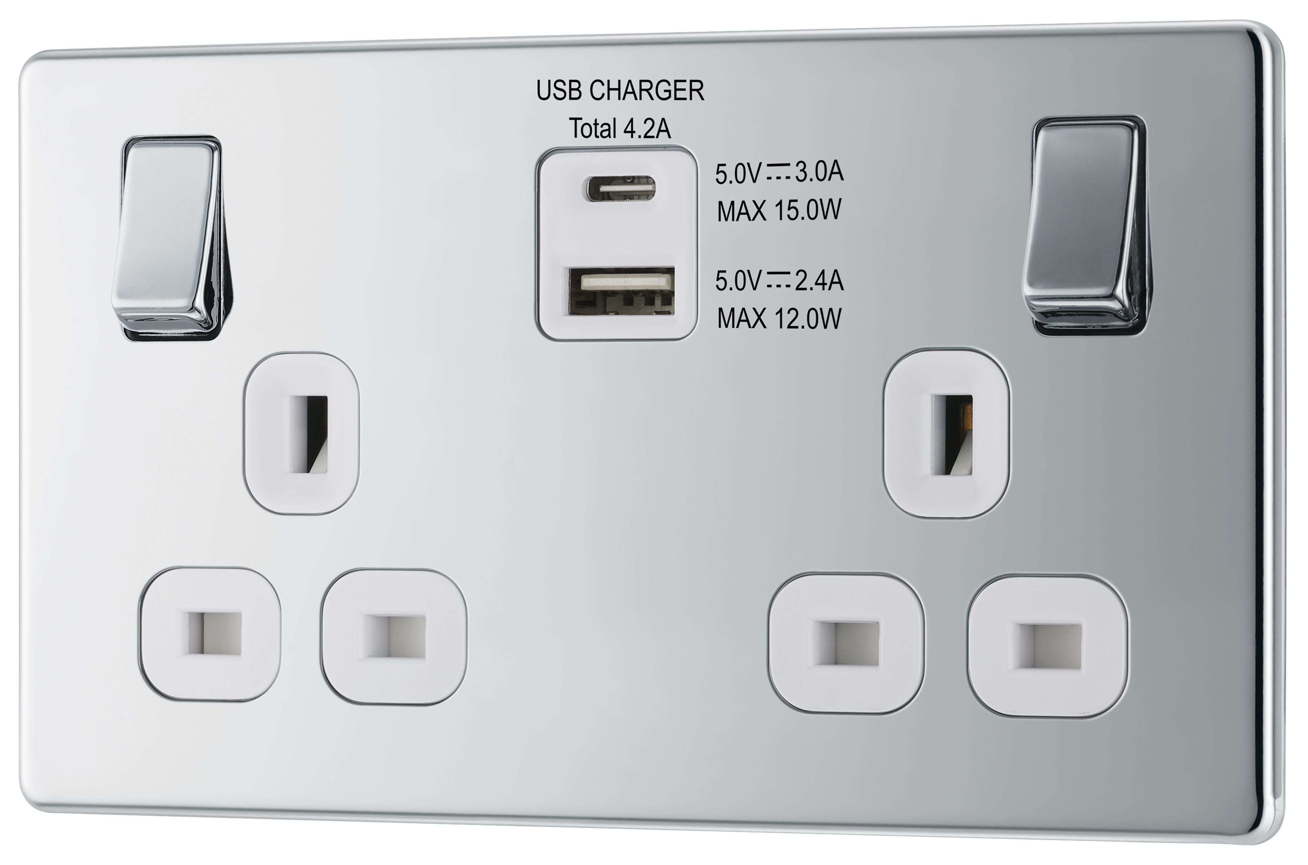 GoodHome Chrome Double 13A Flat Switched Screwless Socket with USB, x2 & White inserts