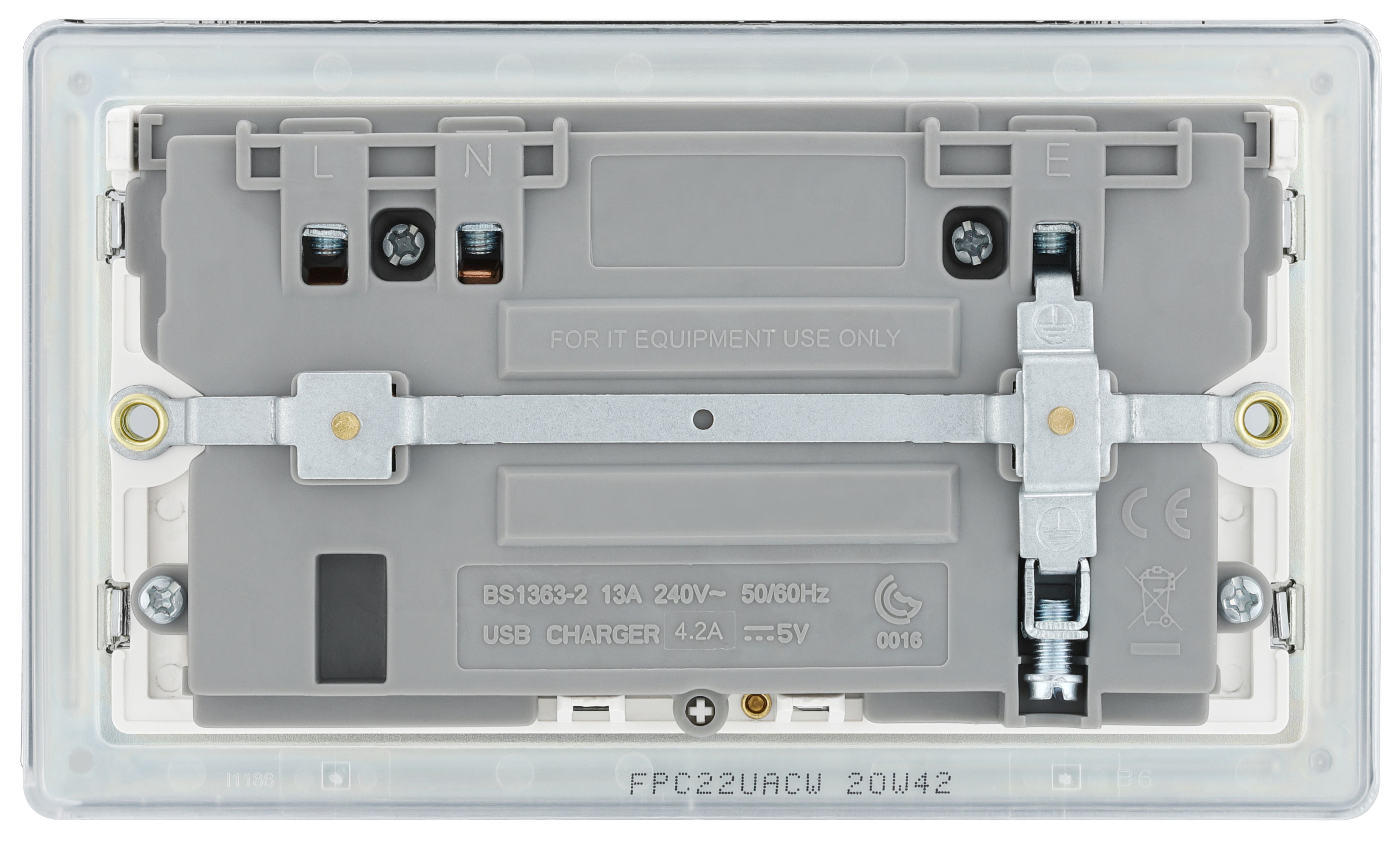 GoodHome Chrome Double 13A Flat Switched Screwless Socket with USB, x2 & White inserts