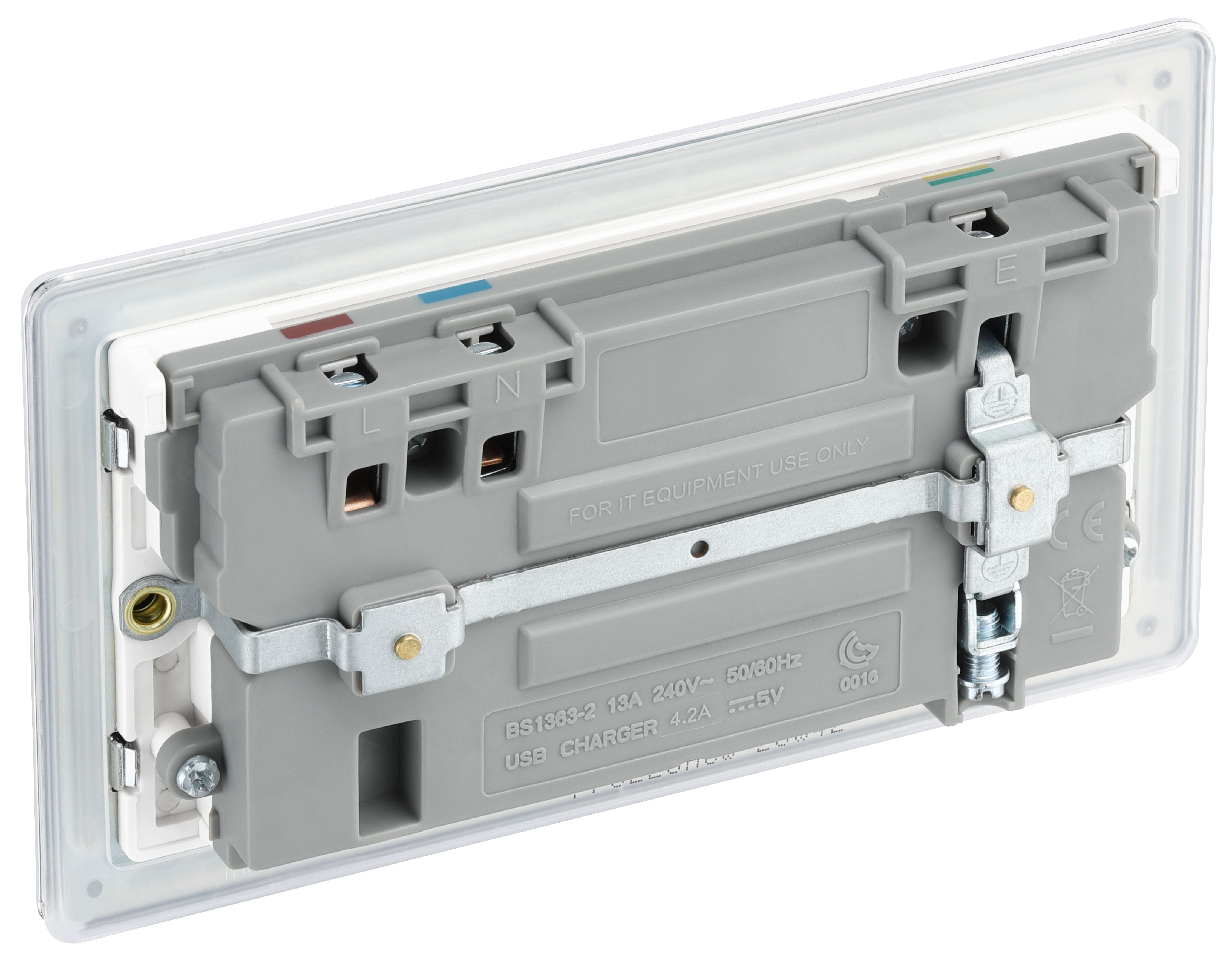 GoodHome Chrome Double 13A Flat Switched Screwless Socket with USB, x2 & White inserts