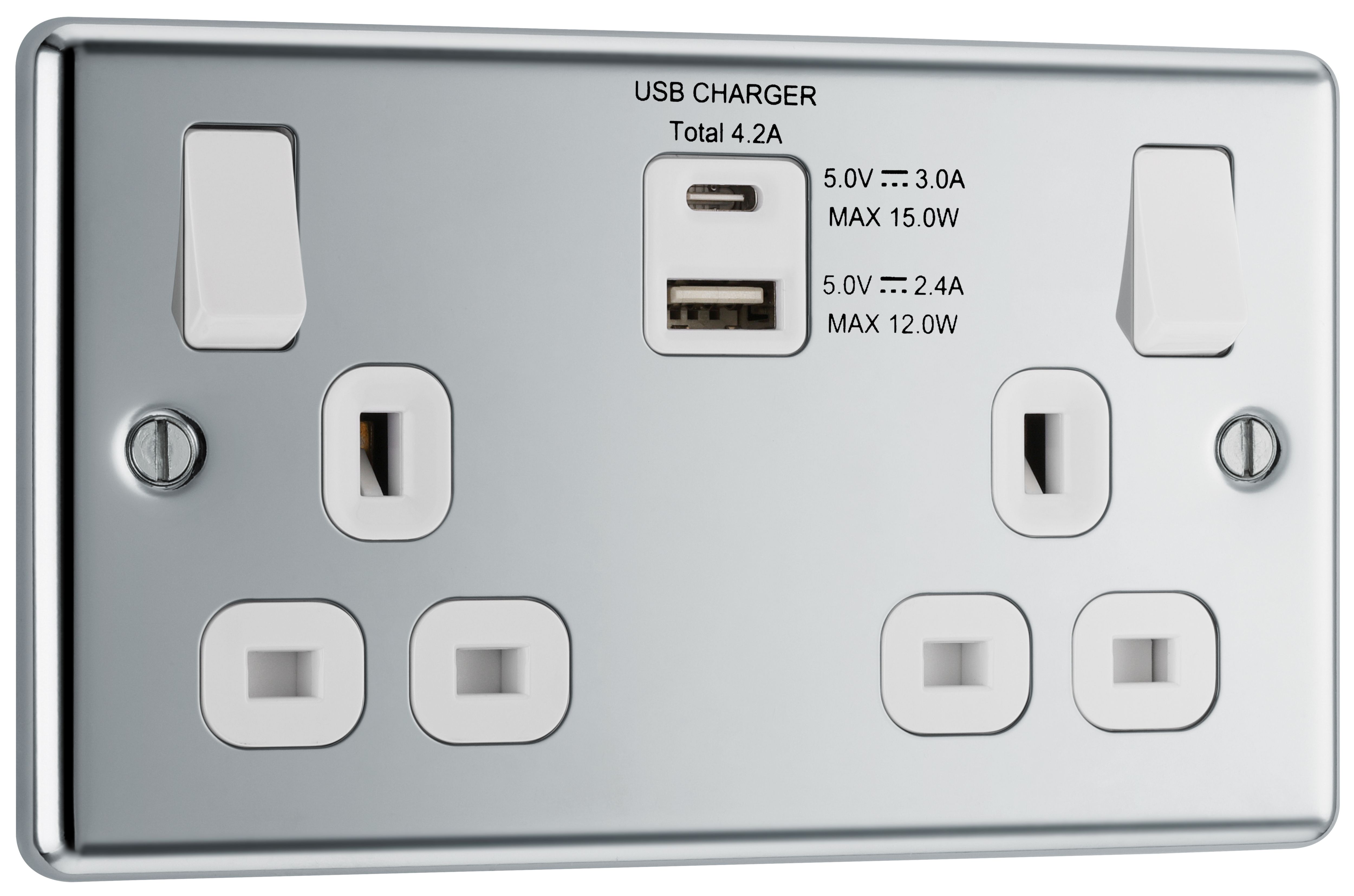 GoodHome Chrome Double 13A Raised rounded Switched Screwed Socket with USB, x2 & White inserts