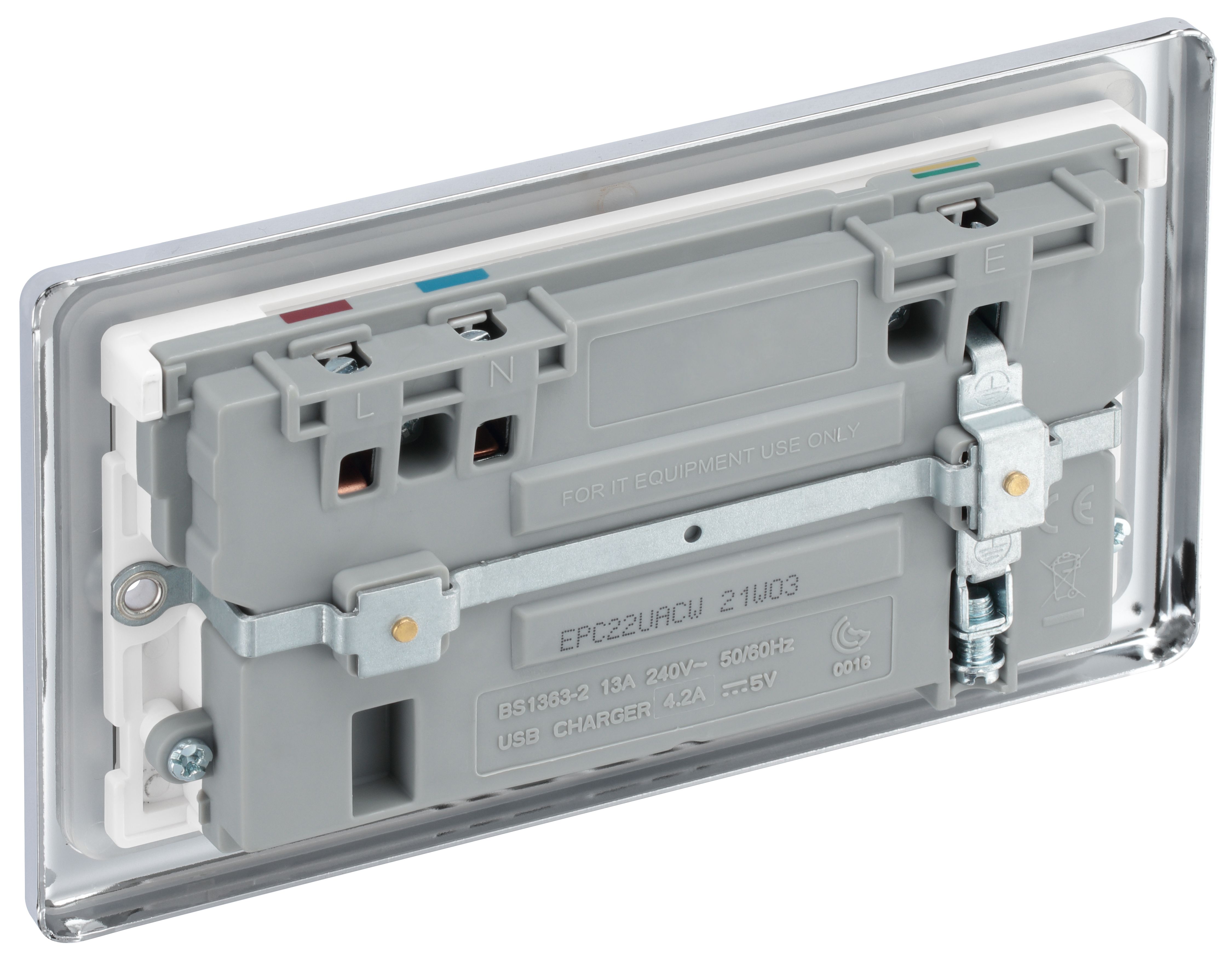 GoodHome Chrome Double 13A Raised rounded Switched Screwed Socket with USB, x2 & White inserts