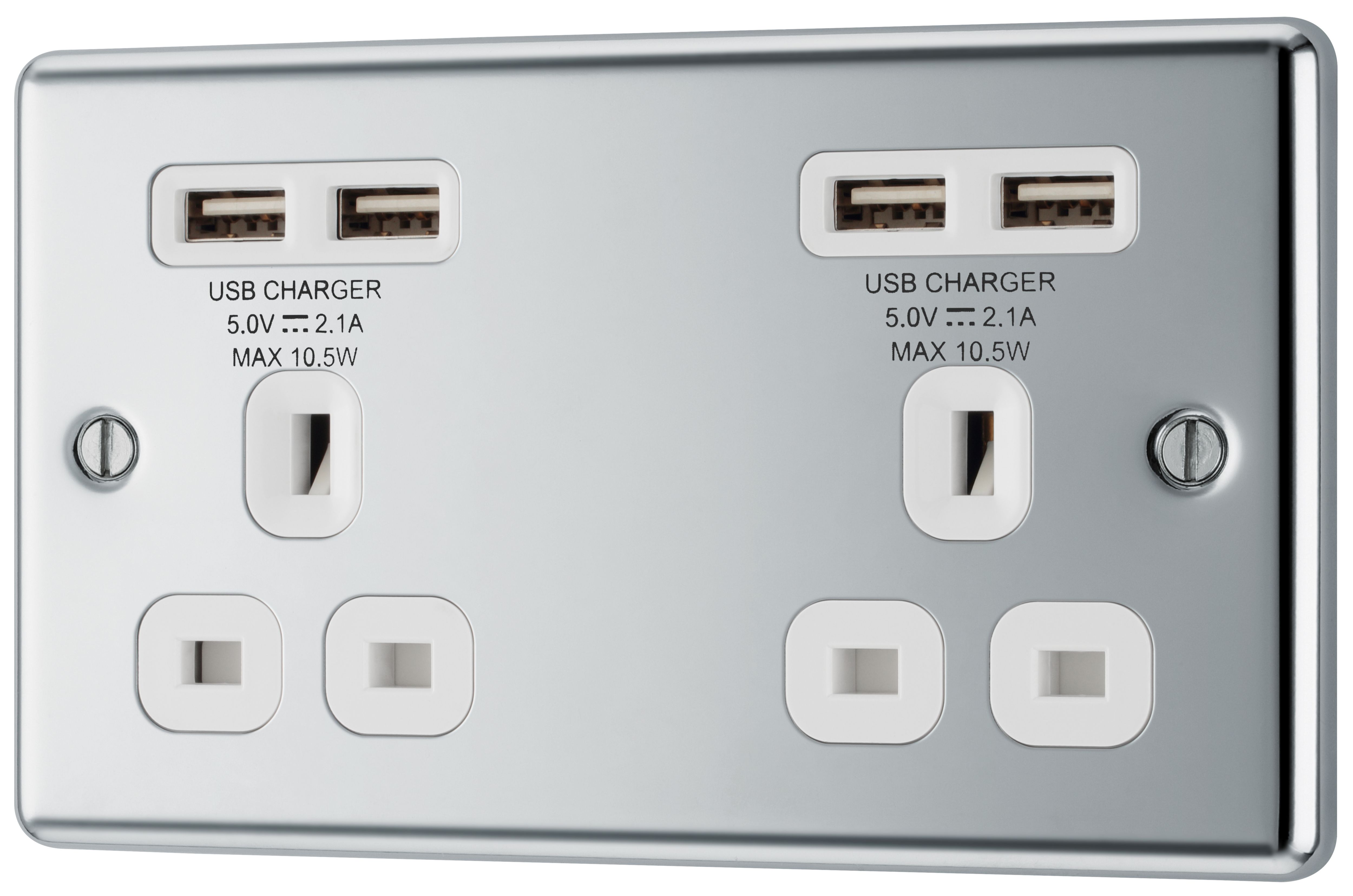 GoodHome Chrome Double 13A Raised rounded Unswitched Screwed Socket with USB, x4 & White inserts