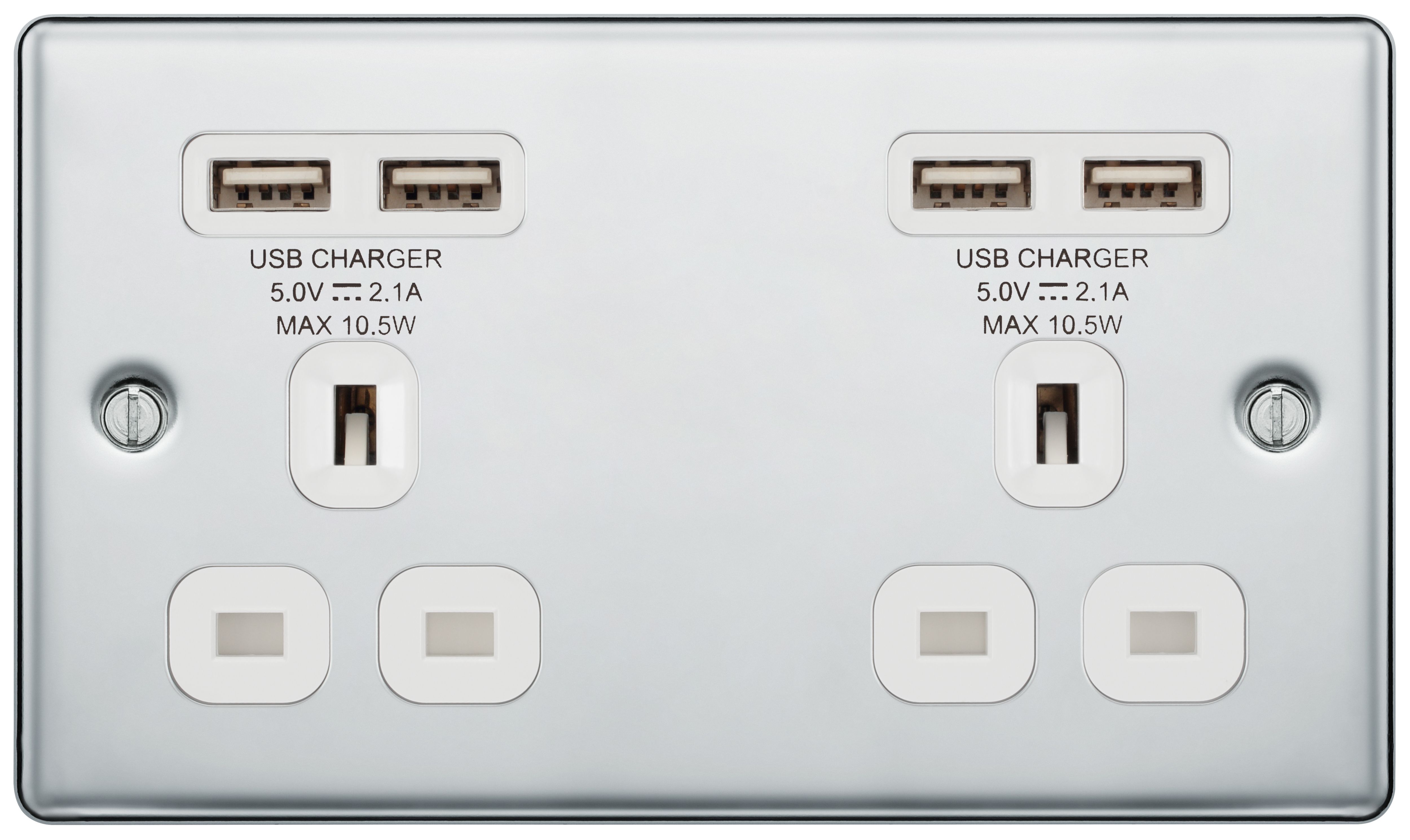 GoodHome Chrome Double 13A Raised rounded Unswitched Screwed Socket with USB, x4 & White inserts