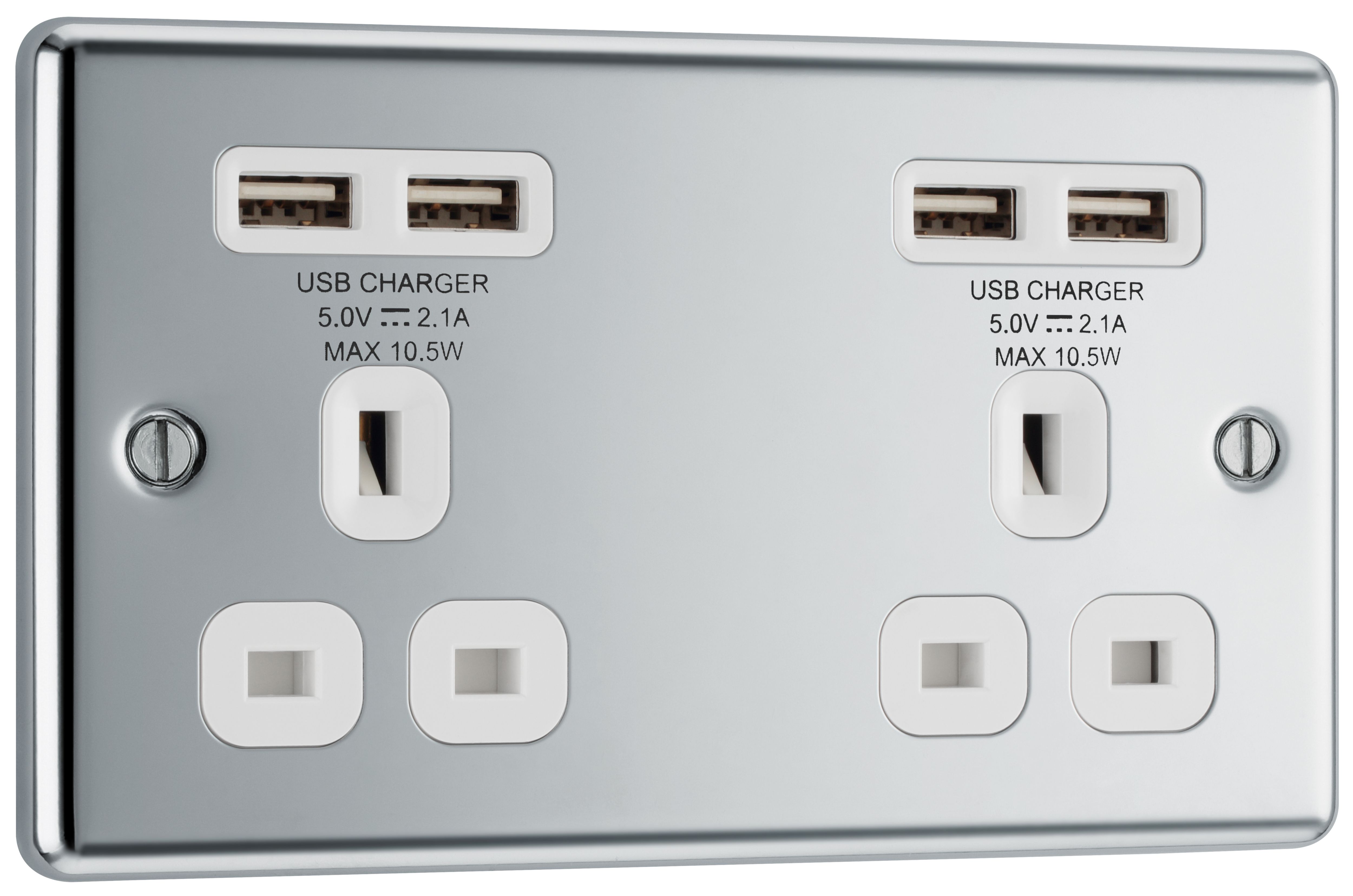 GoodHome Chrome Double 13A Raised rounded Unswitched Screwed Socket with USB, x4 & White inserts