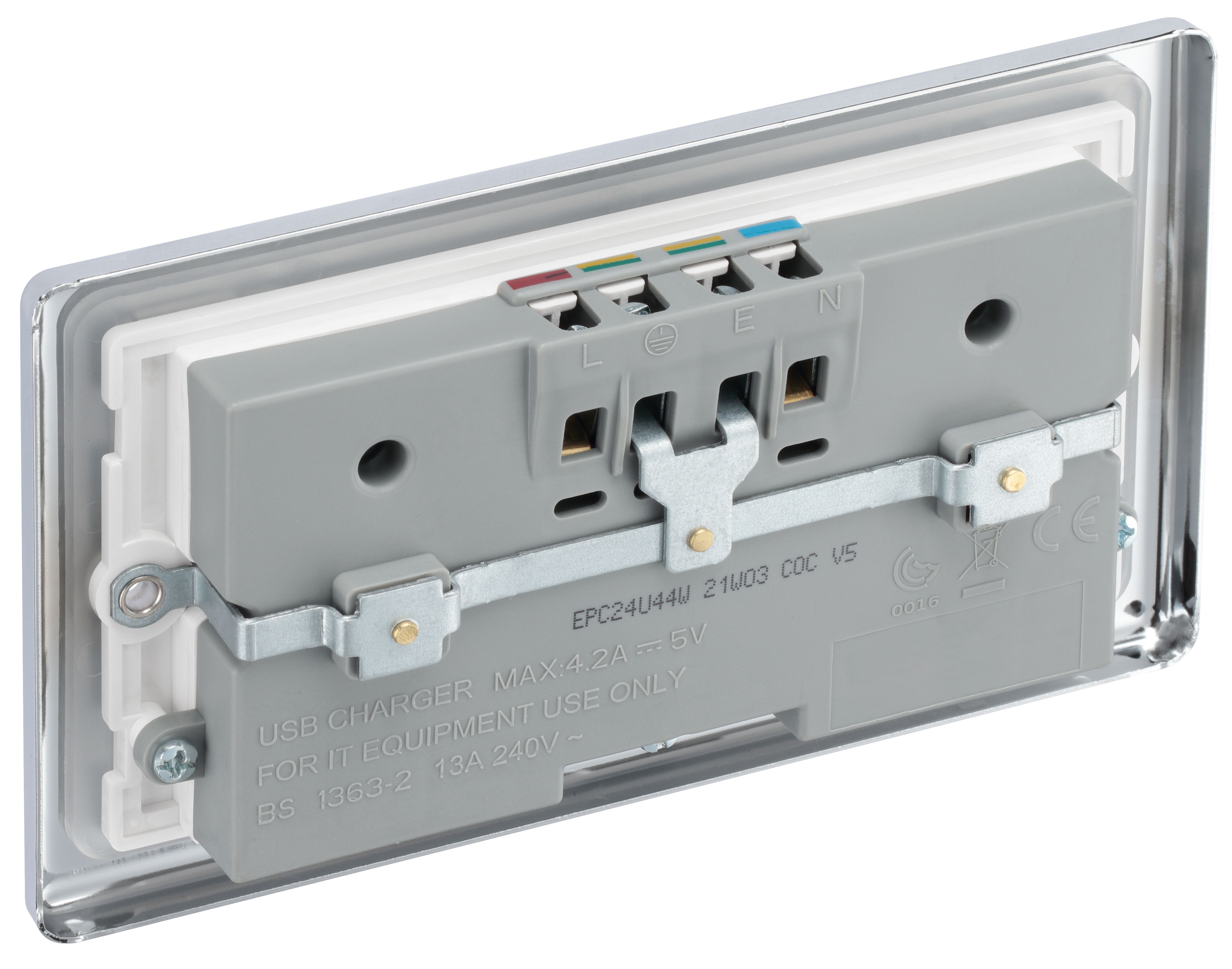 GoodHome Chrome Double 13A Raised rounded Unswitched Screwed Socket with USB, x4 & White inserts
