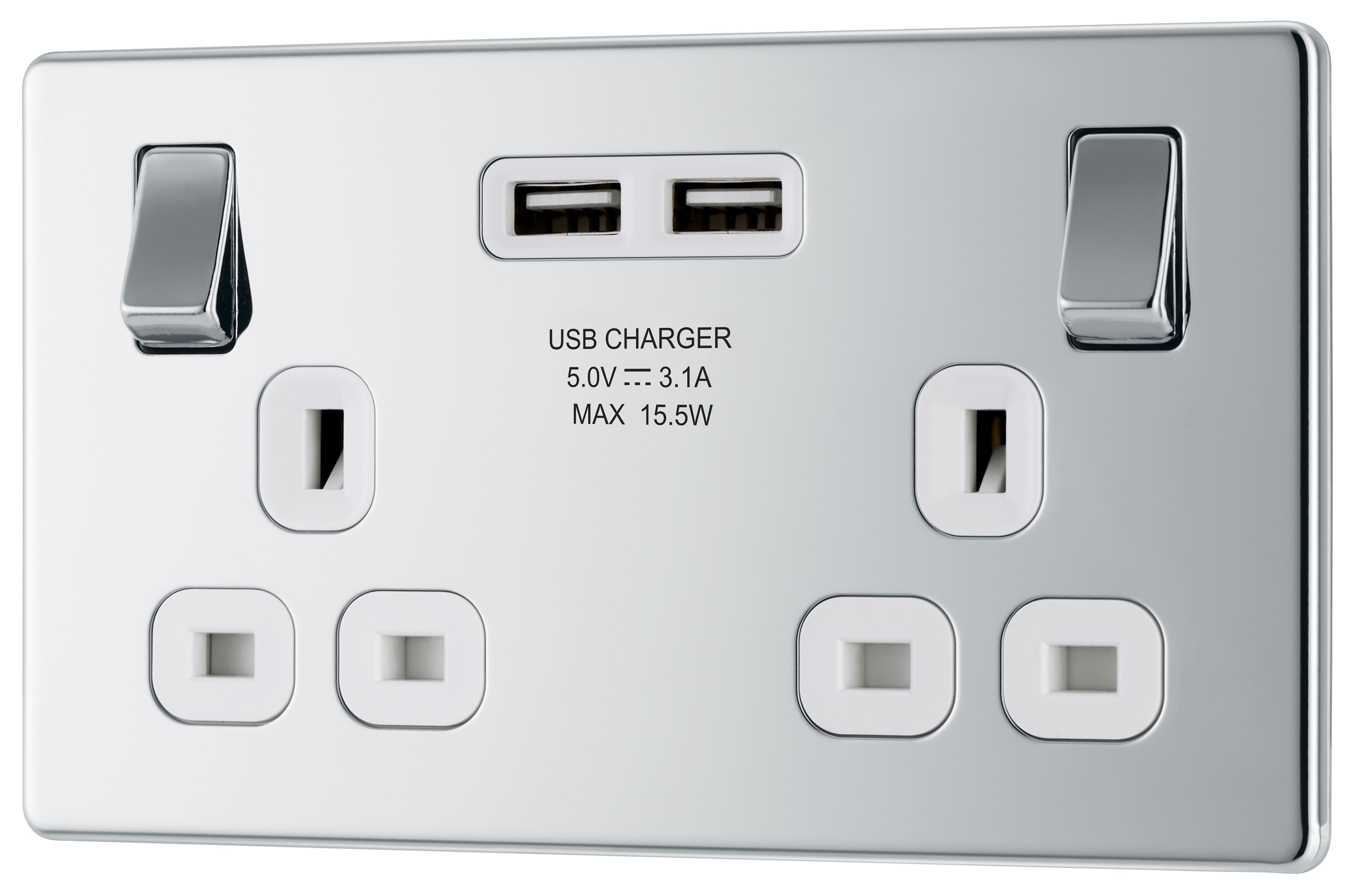GoodHome Chrome Double 13A Screwless Switched Socket with USB x2 3.1A & White inserts
