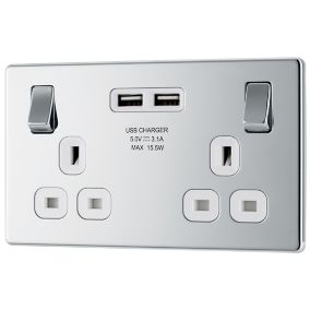 GoodHome Chrome Double 13A Screwless Switched Socket with USB x2 3.1A & White inserts