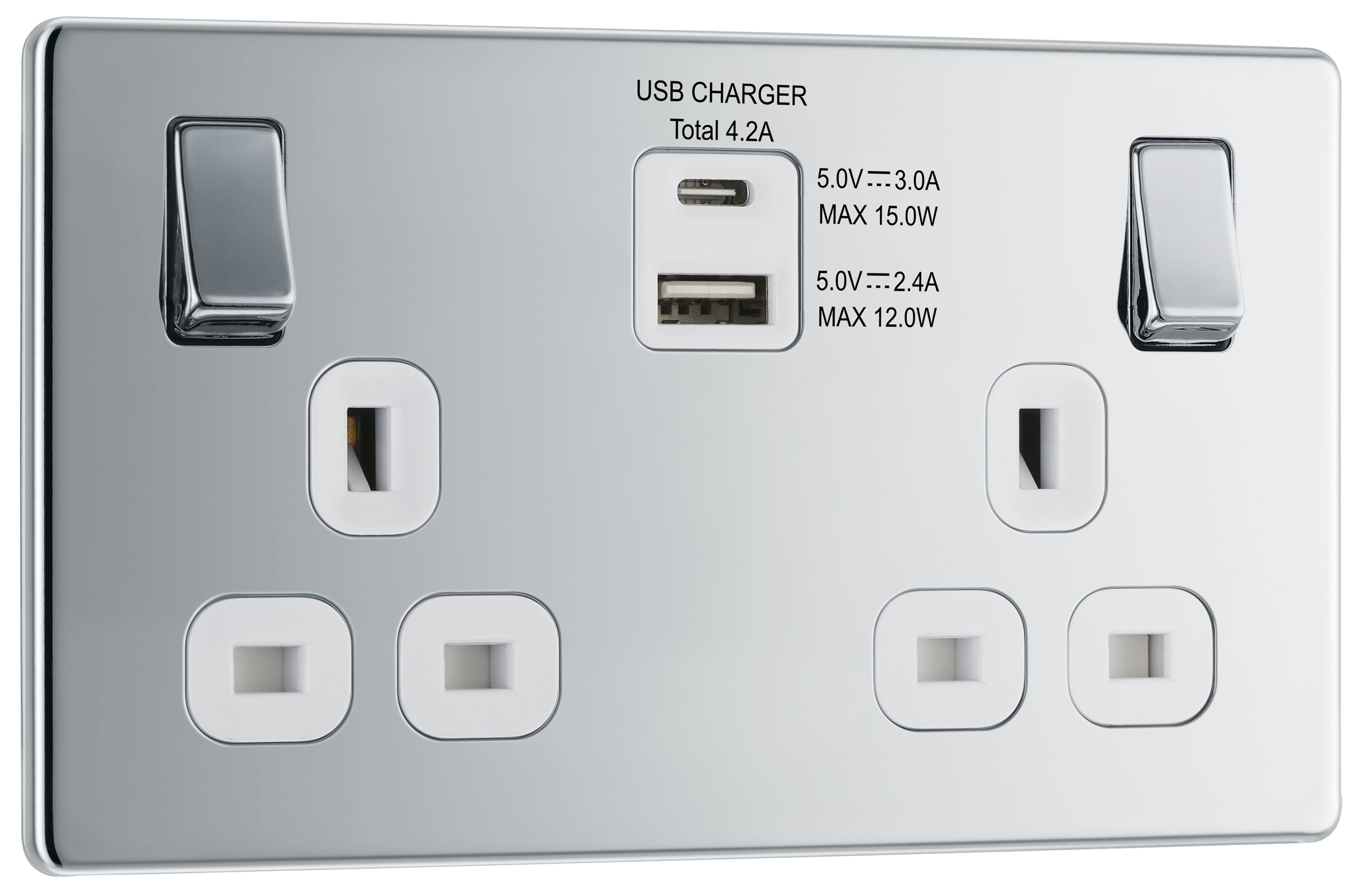 GoodHome Chrome Double 13A Screwless Switched Socket with USB x2 4.2A & White inserts