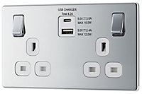 GoodHome Chrome Double 13A Screwless Switched Socket with USB x2 4.2A & White inserts