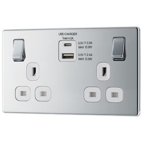 GoodHome Chrome Double 13A Screwless Switched Socket with USB x2 4.2A & White inserts