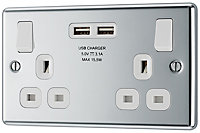GoodHome Chrome Double 13A Switched Socket with USB x2 3.1A & White inserts