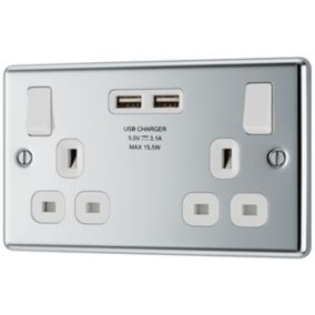 GoodHome Chrome Double 13A Switched Socket with USB x2 3.1A & White inserts