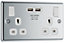 GoodHome Chrome Double 13A Switched Socket with USB x2 3.1A & White inserts