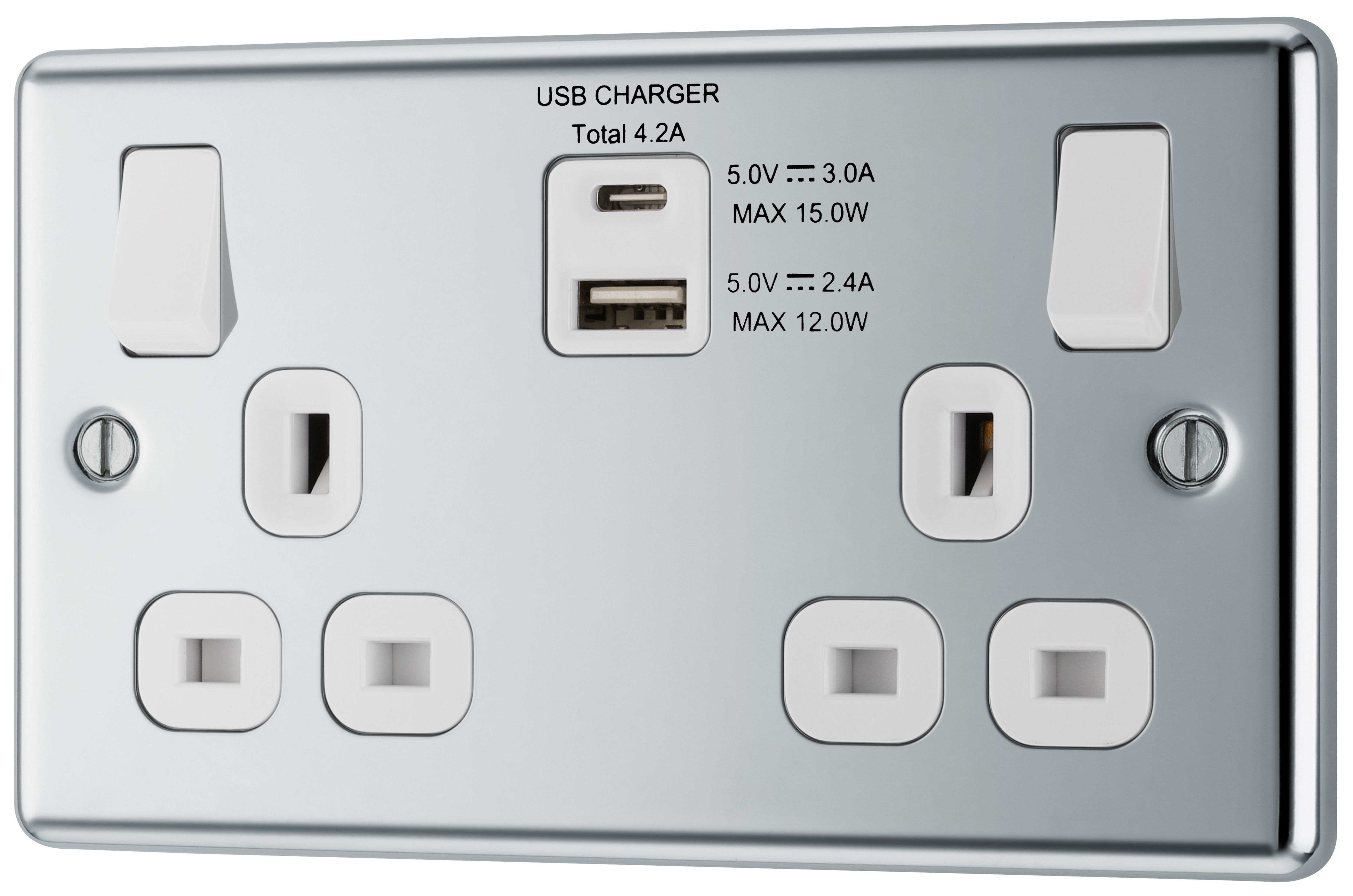 GoodHome Chrome Double 13A Switched Socket with USB x2 4.2A & White inserts