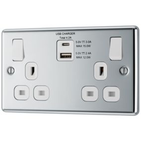 GoodHome Chrome Double 13A Switched Socket with USB x2 4.2A & White inserts