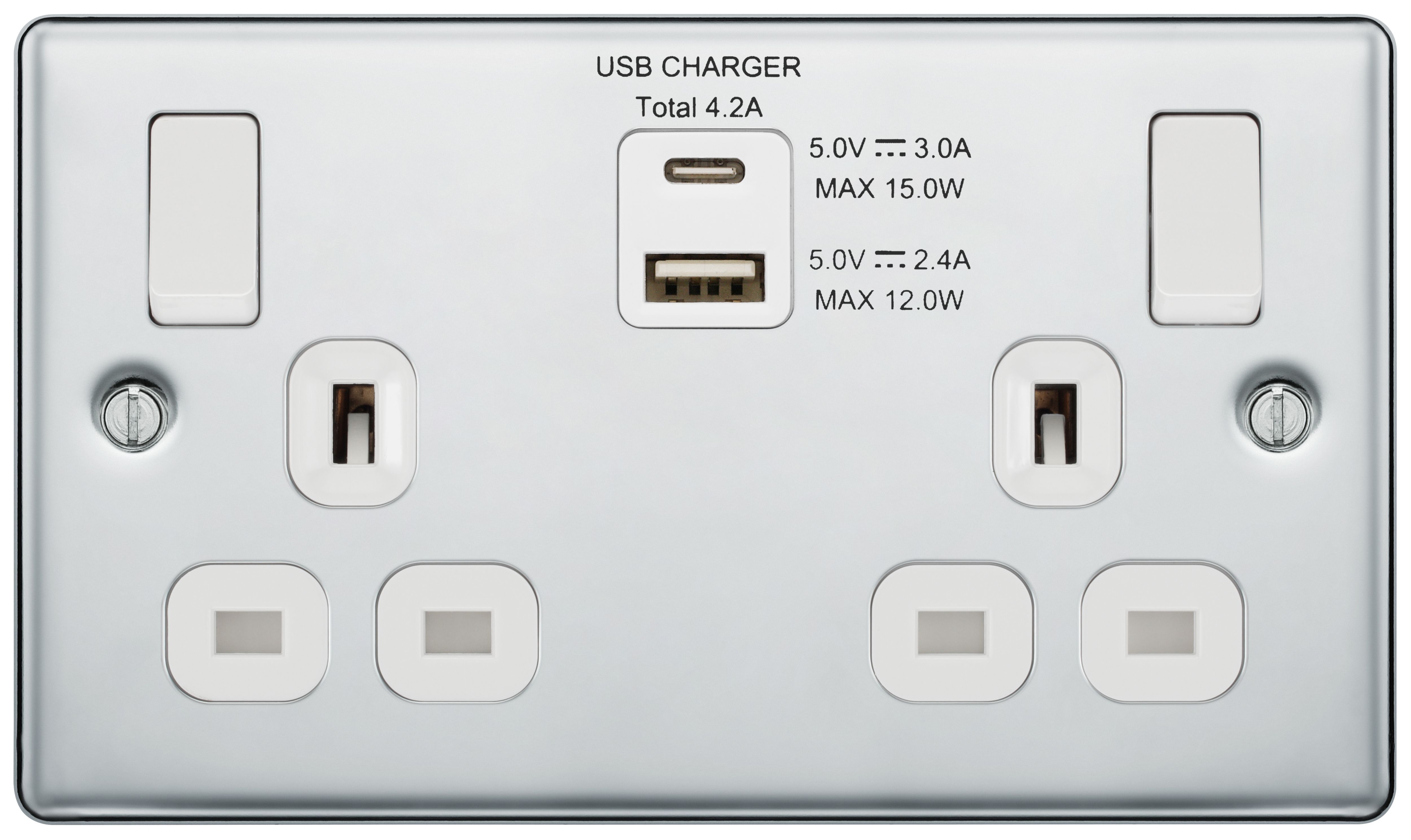 GoodHome Chrome Double 13A Switched Socket with USB x2 4.2A & White inserts