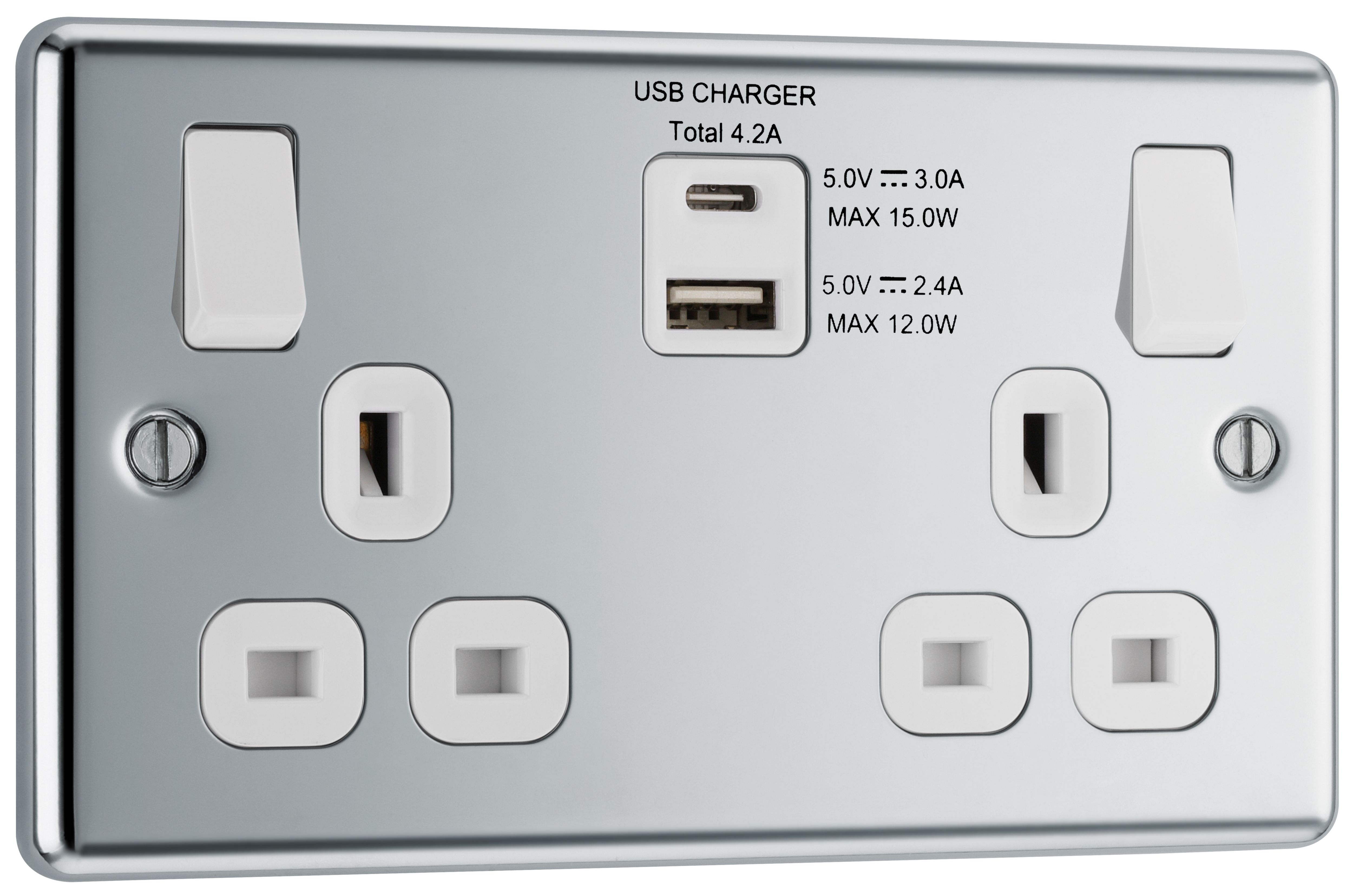 GoodHome Chrome Double 13A Switched Socket with USB x2 4.2A & White inserts