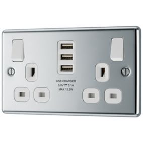 GoodHome Chrome Double 13A Switched Socket with USB x3 & White inserts