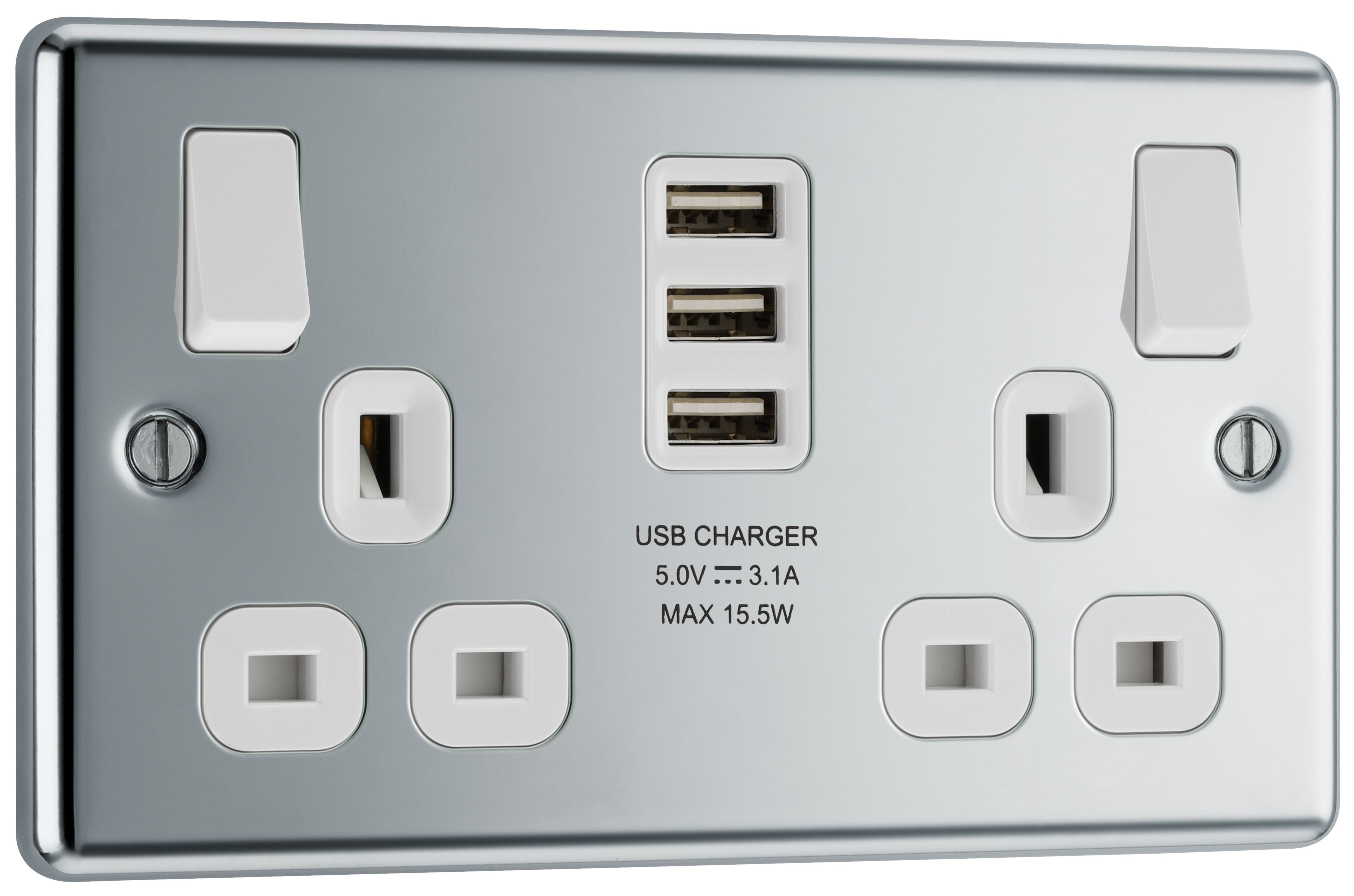 GoodHome Chrome Double 13A Switched Socket with USB x3 & White inserts