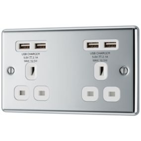 GoodHome Chrome Double 13A Unswitched Socket with USB x4 & White inserts