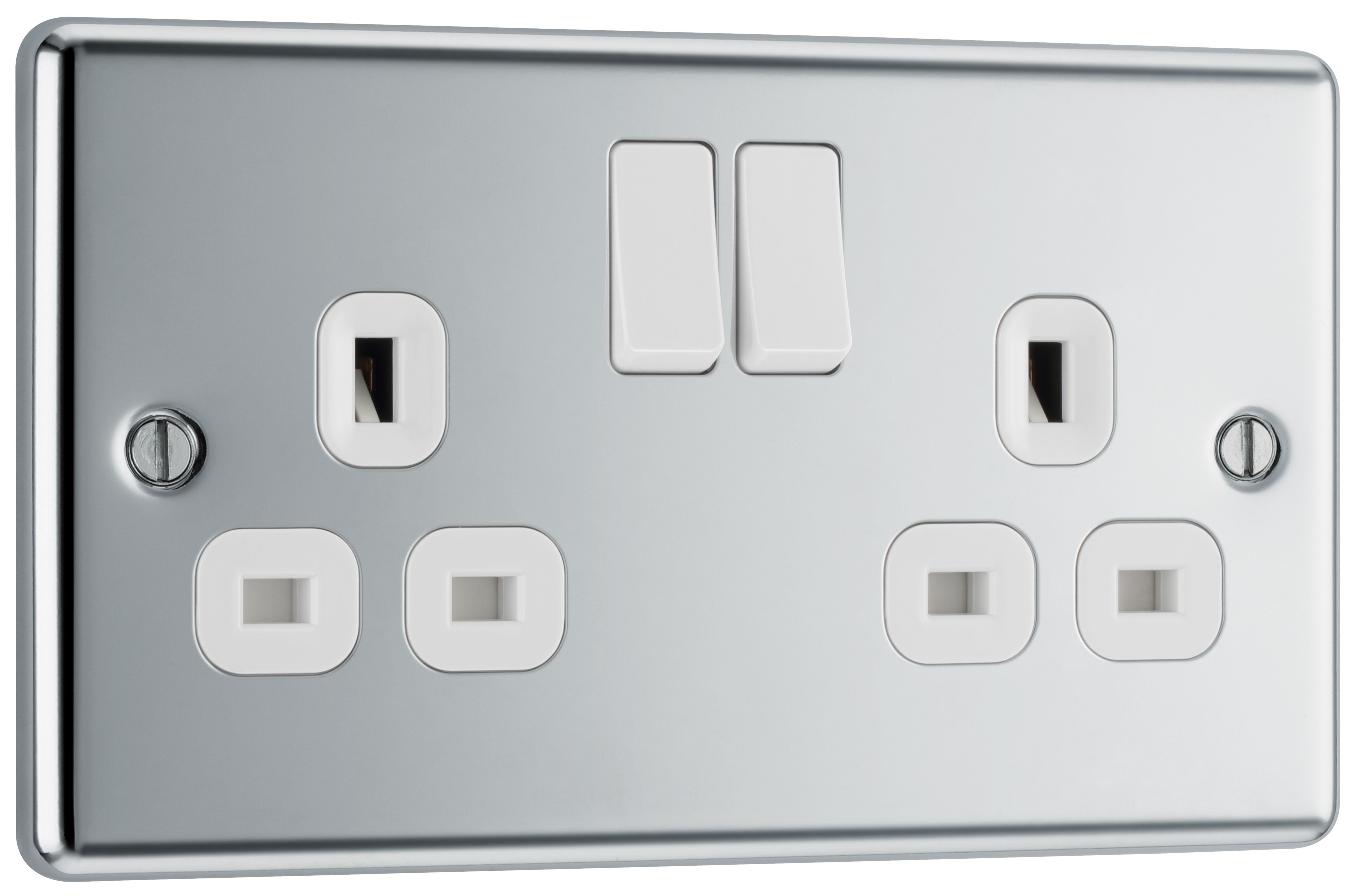 GoodHome Chrome effect Double 13A Gloss Silver Socket, Pack of 5 1 pole