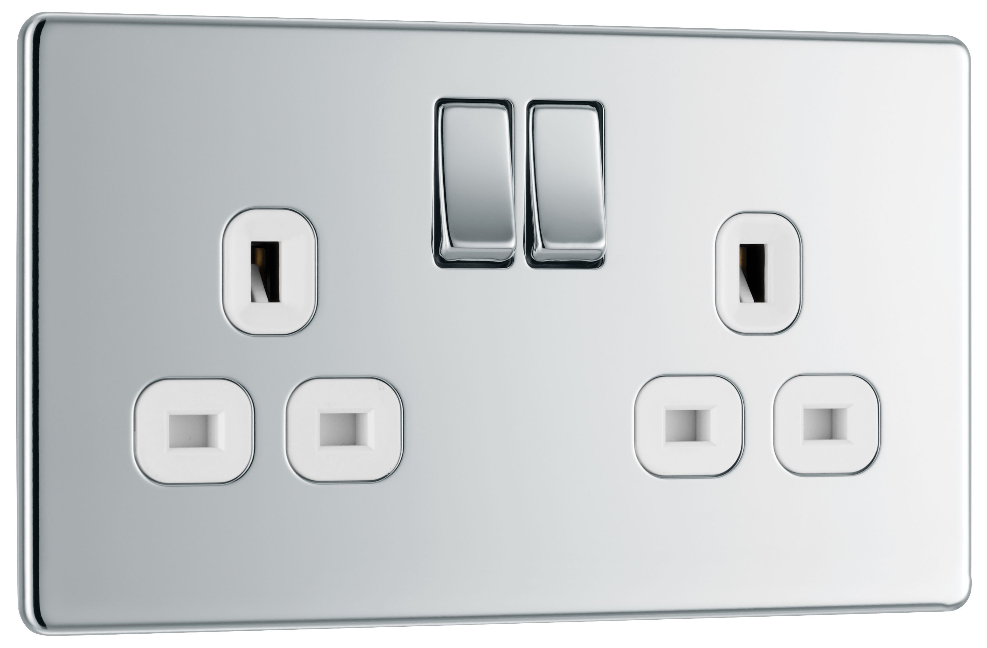 GoodHome Chrome effect Double 13A Gloss Silver Socket, Pack of 5 2 poles