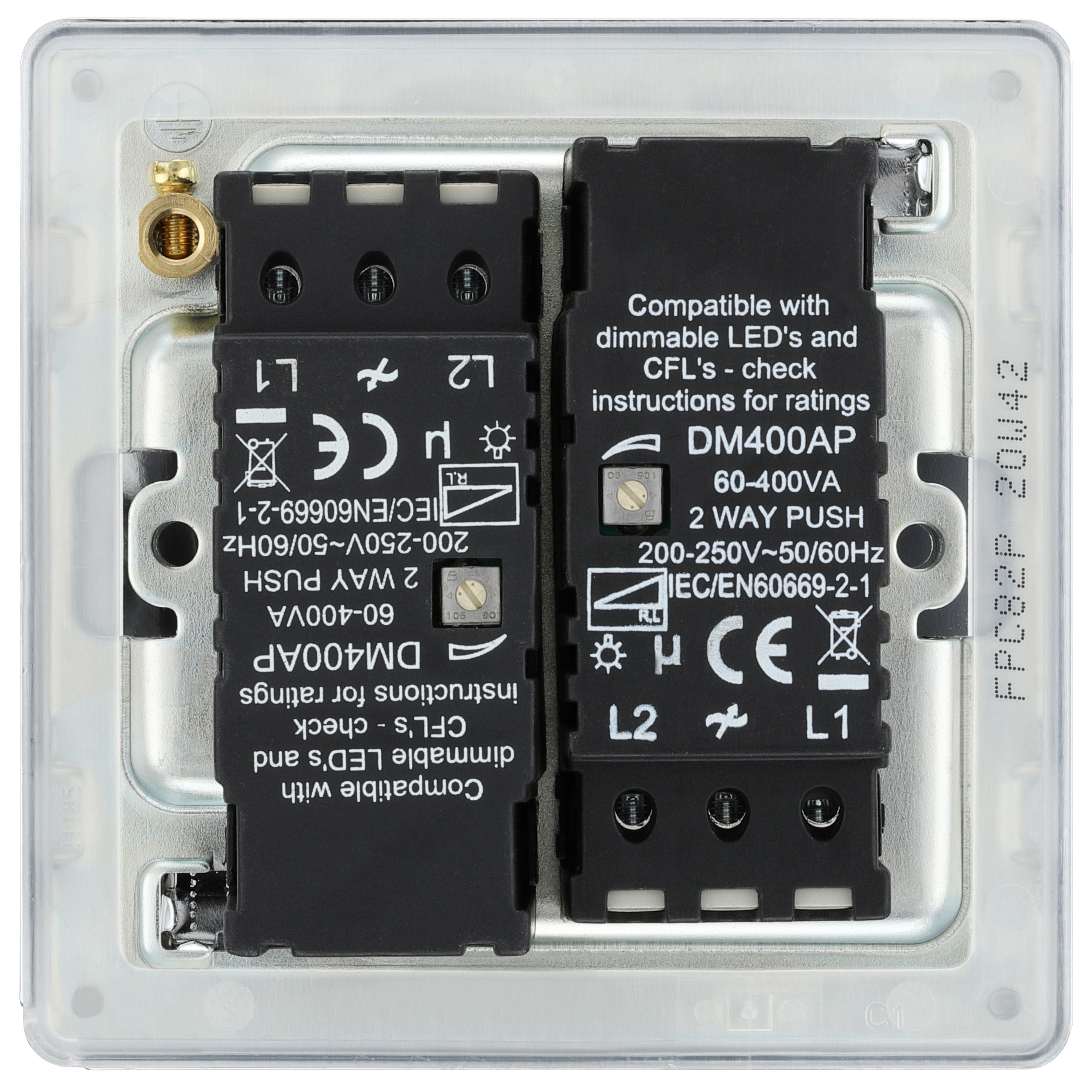 GoodHome Chrome profile Double 2 way 400W Screwless Dimmer switch