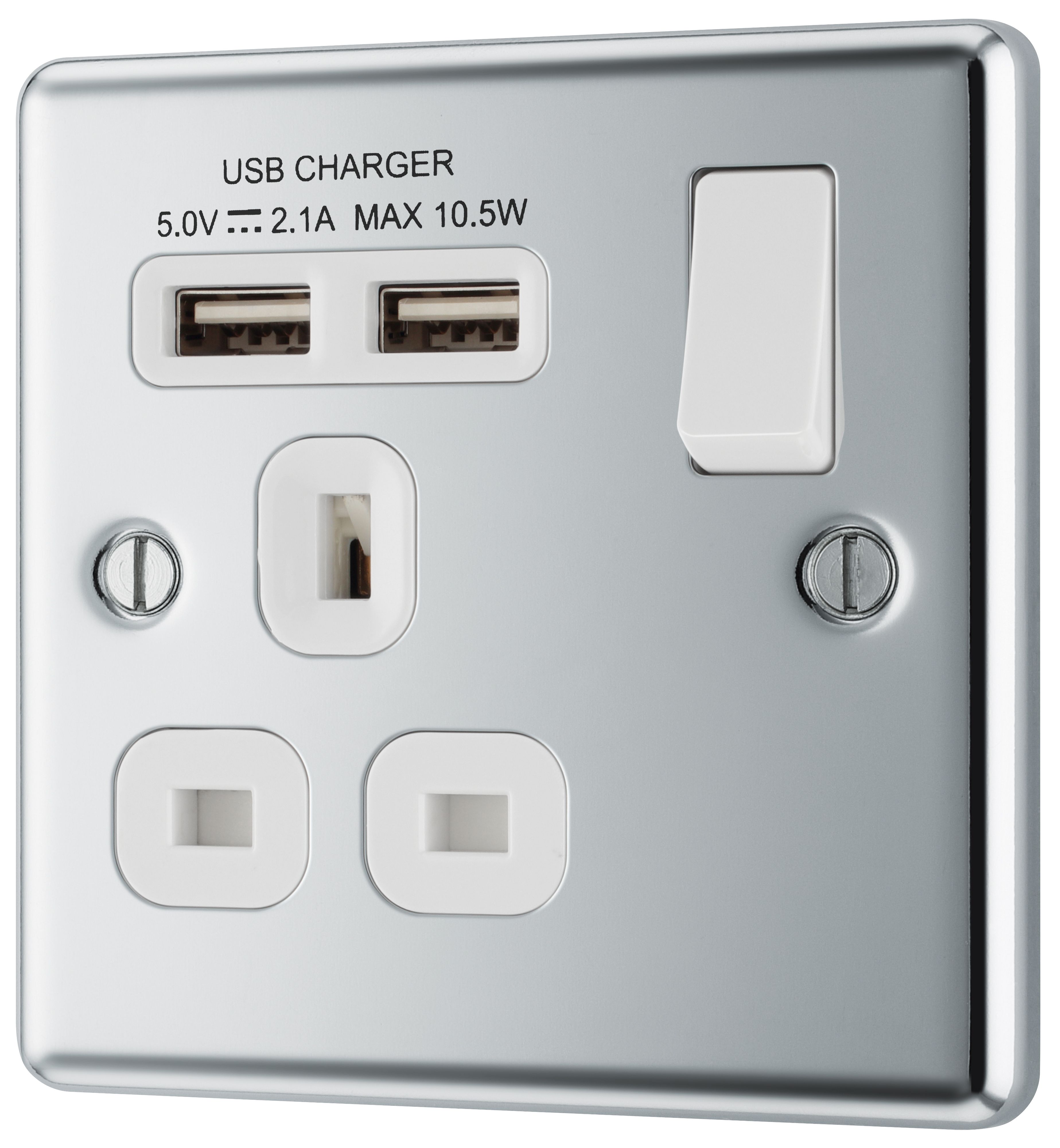 GoodHome Chrome Single 13A Raised rounded Switched Screwed Socket with USB, x2 & White inserts