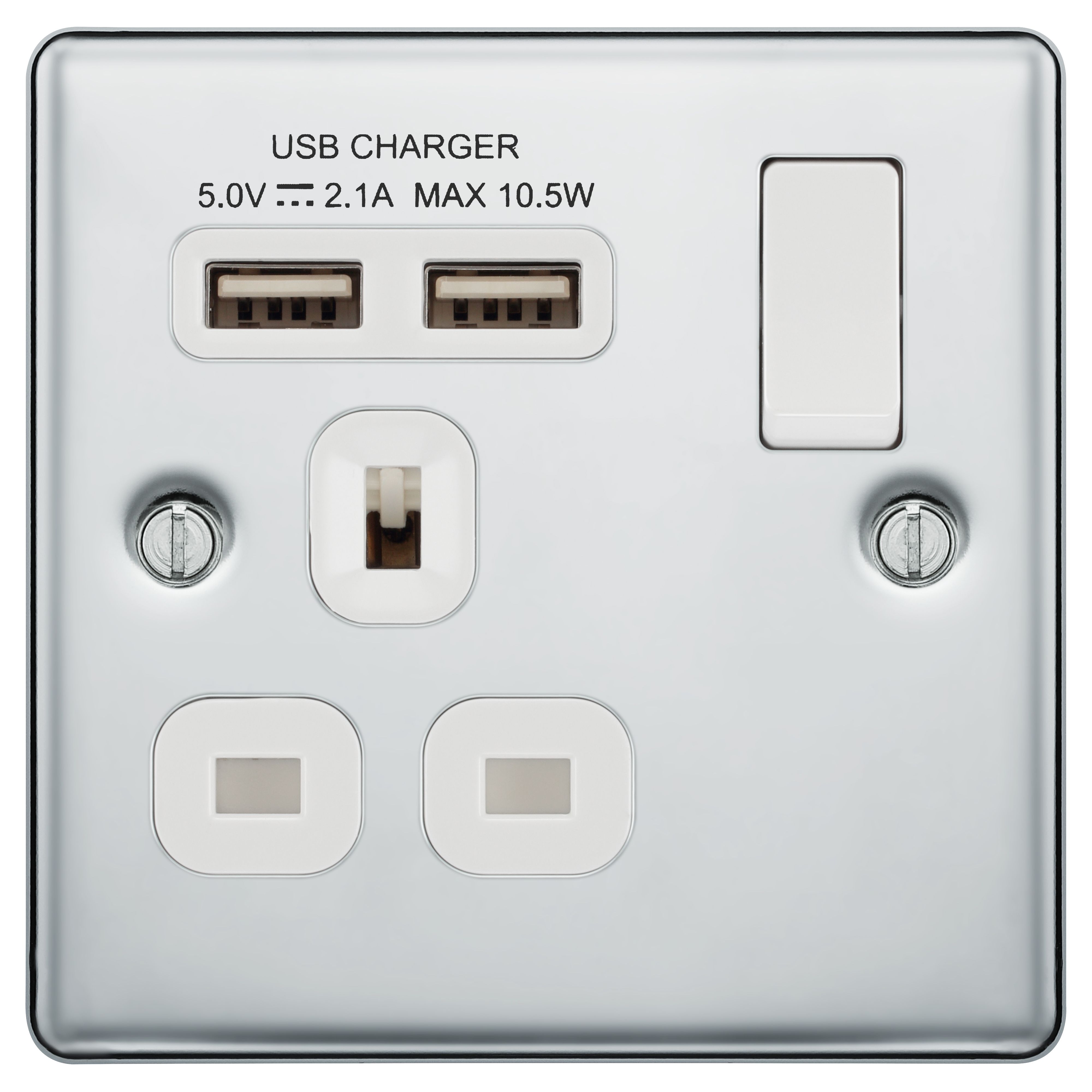GoodHome Chrome Single 13A Raised rounded Switched Screwed Socket with USB, x2 & White inserts