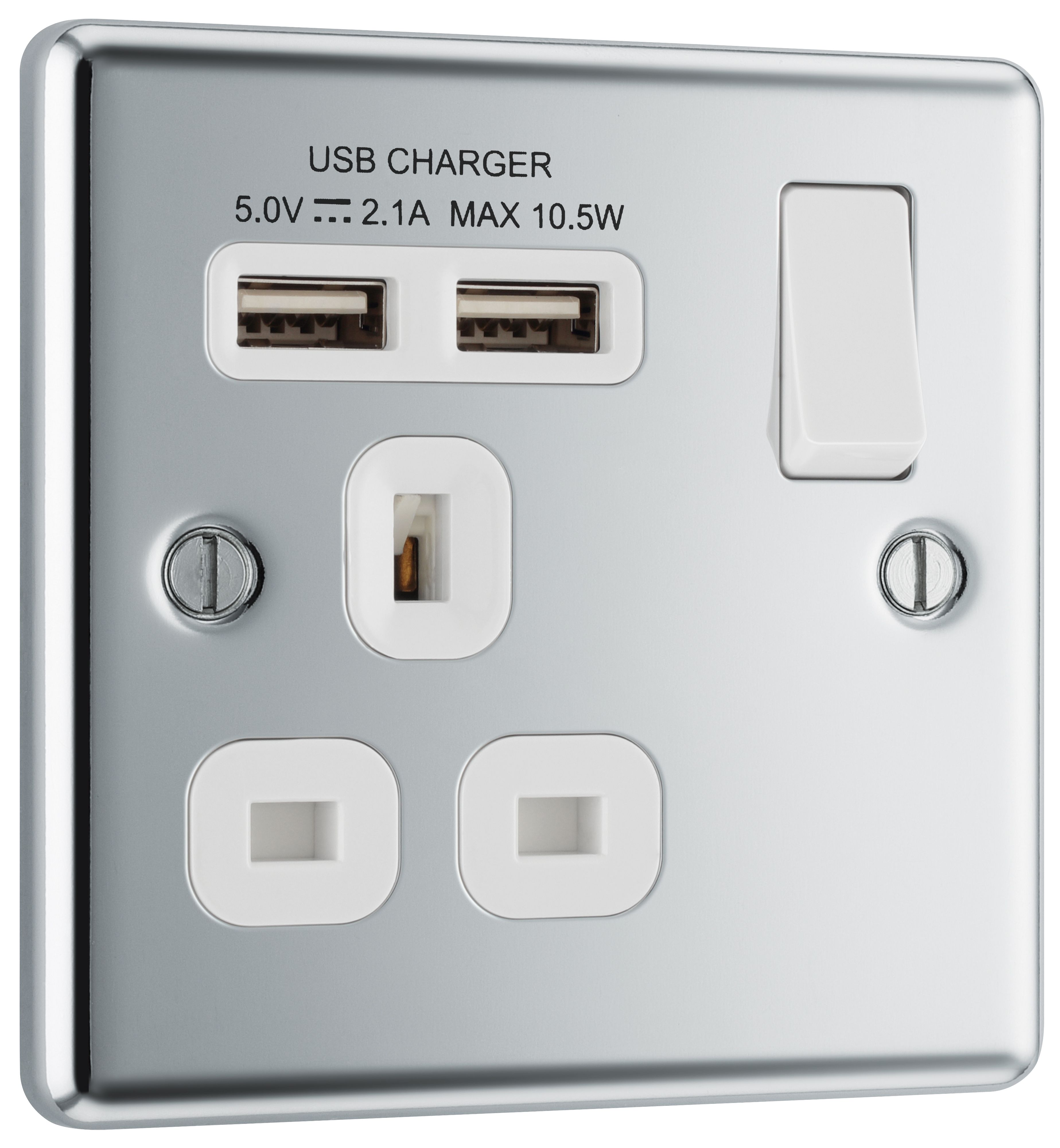 GoodHome Chrome Single 13A Raised rounded Switched Screwed Socket with USB, x2 & White inserts