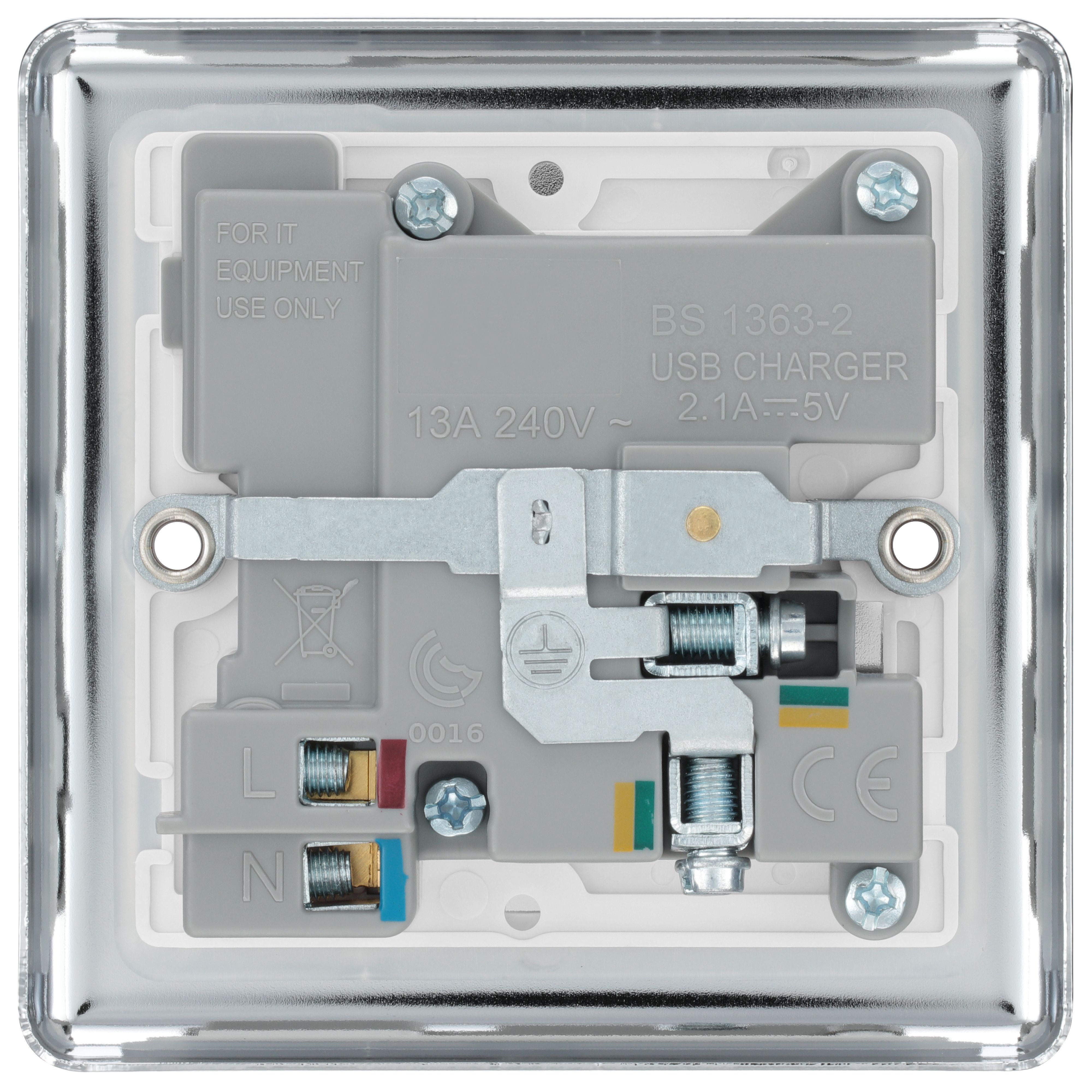GoodHome Chrome Single 13A Raised rounded Switched Screwed Socket with USB, x2 & White inserts