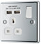 GoodHome Chrome Single 13A Switched Socket with USB x2 & White inserts